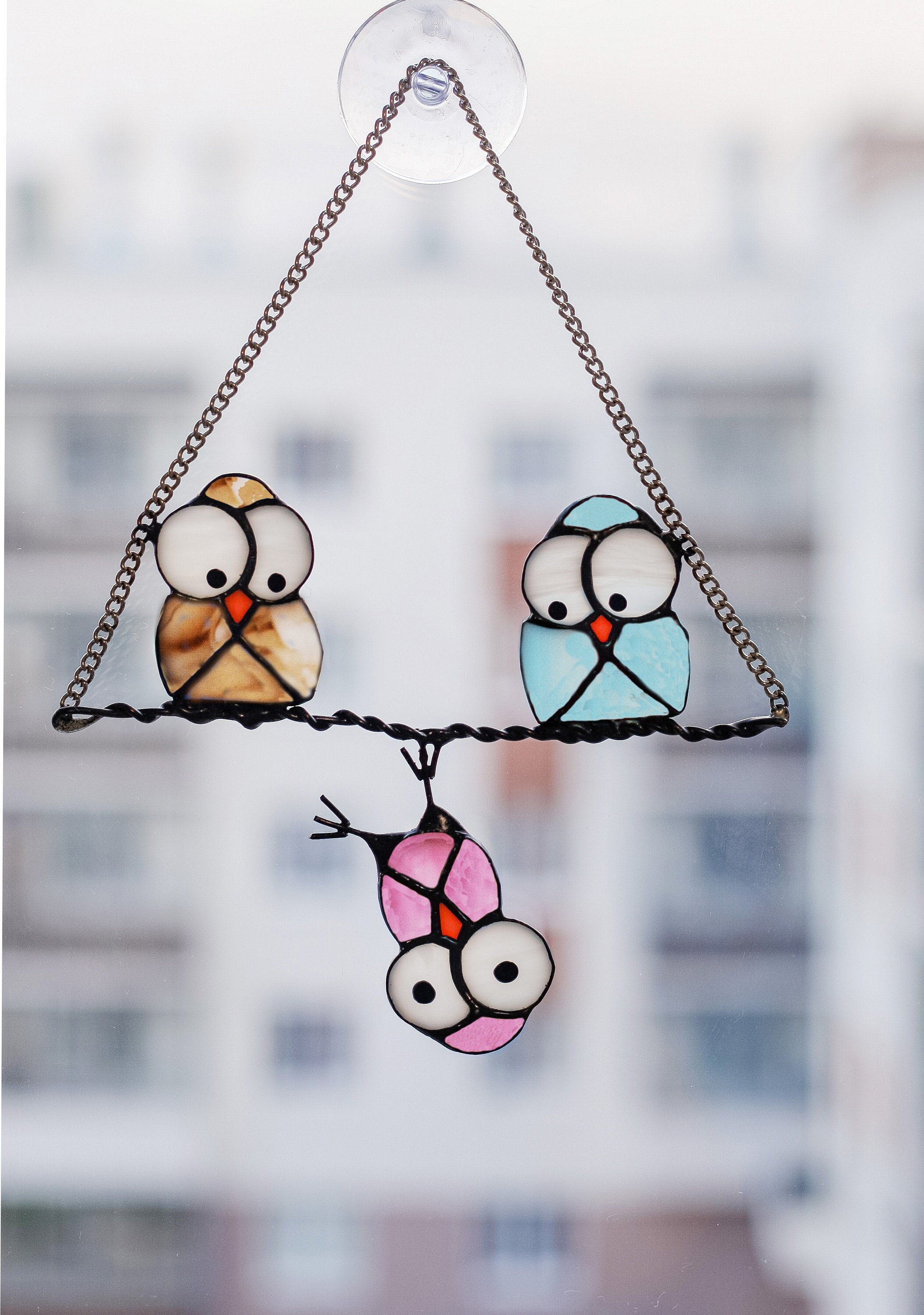3 Cute and Funny Stained Glass Owls Suncatcher 