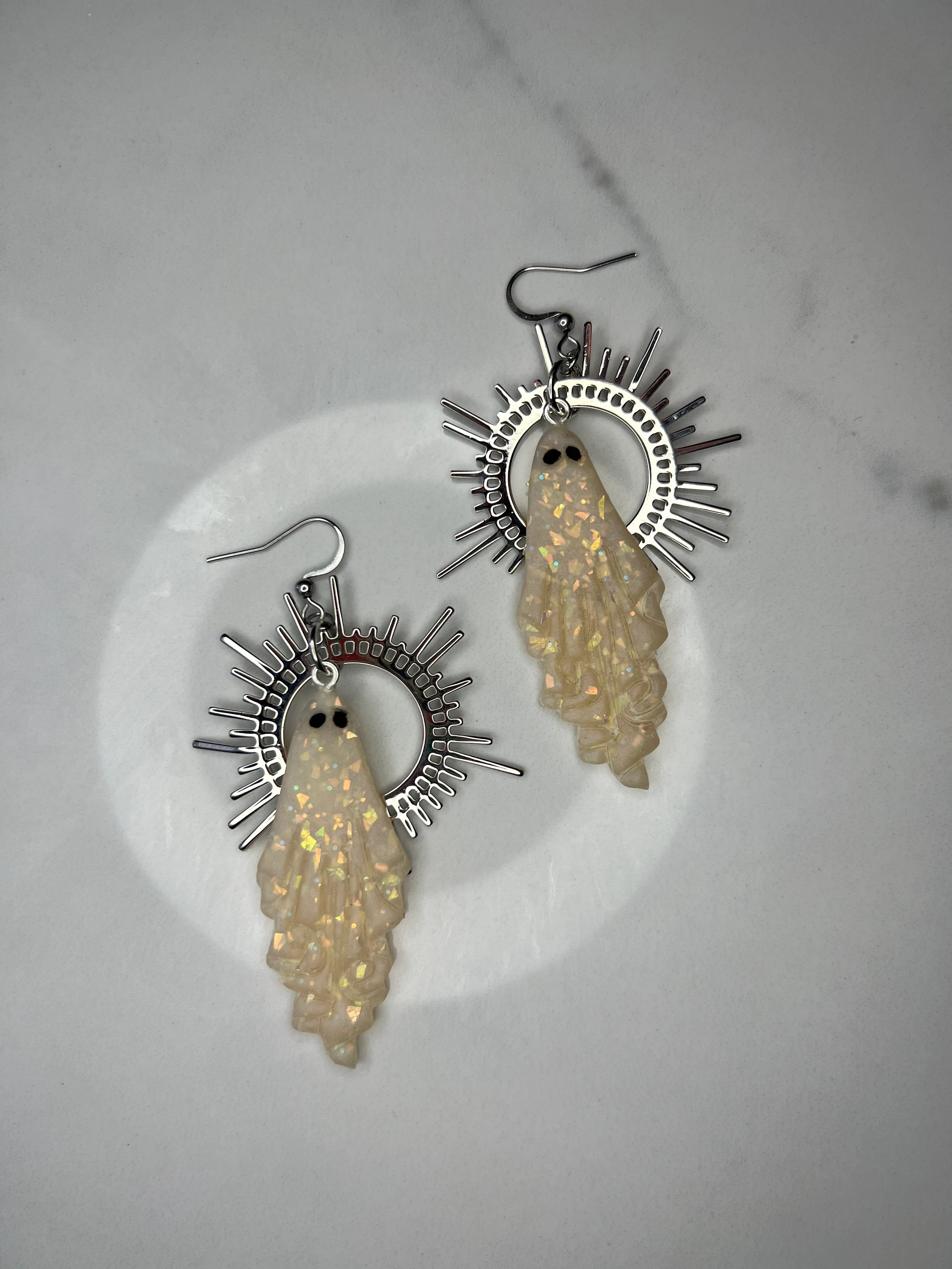 Gold and Opal Ghost Earrings - Elegant Halloween Accessory 