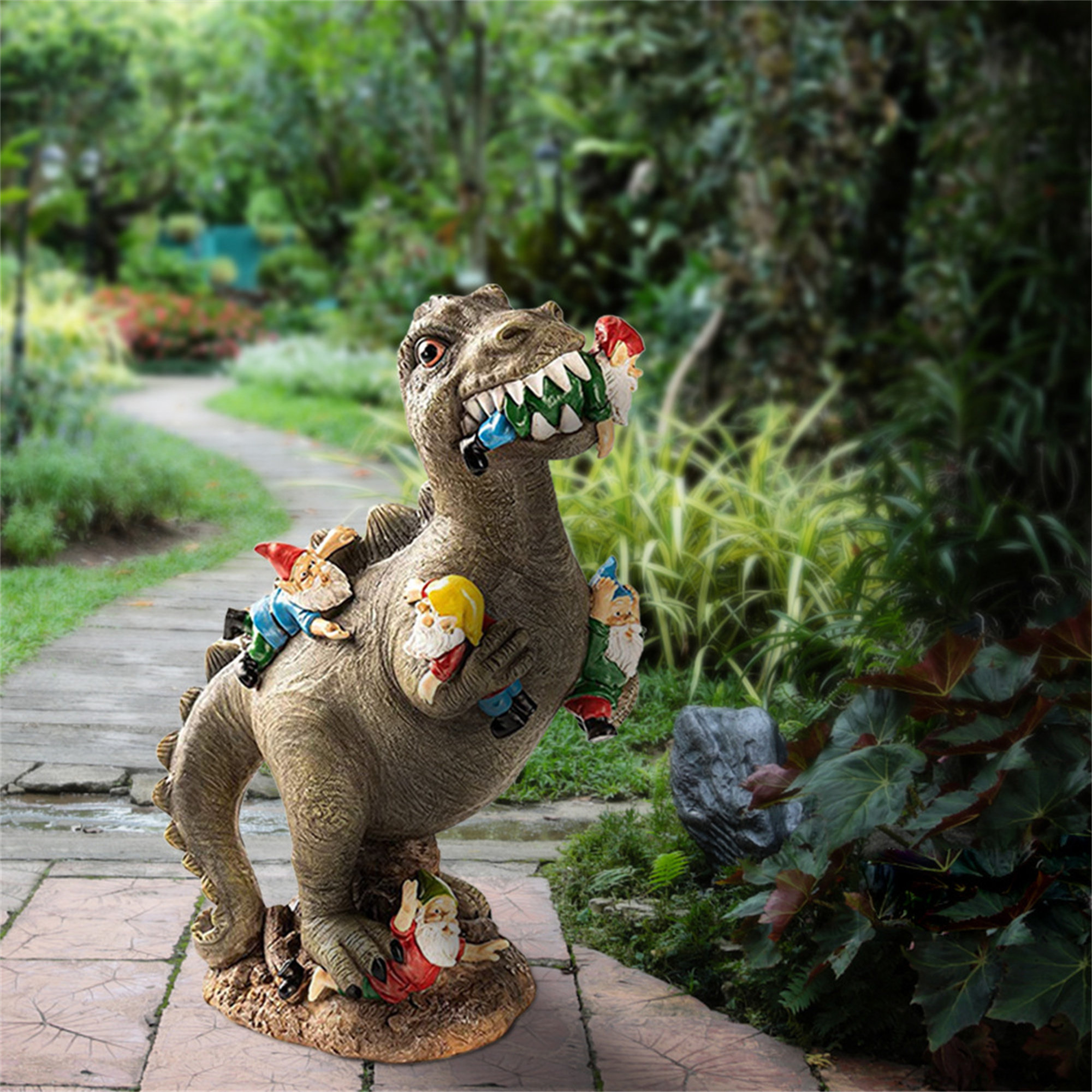 Garden Decor,T.rex Dinosaur Feeding on Gnomes