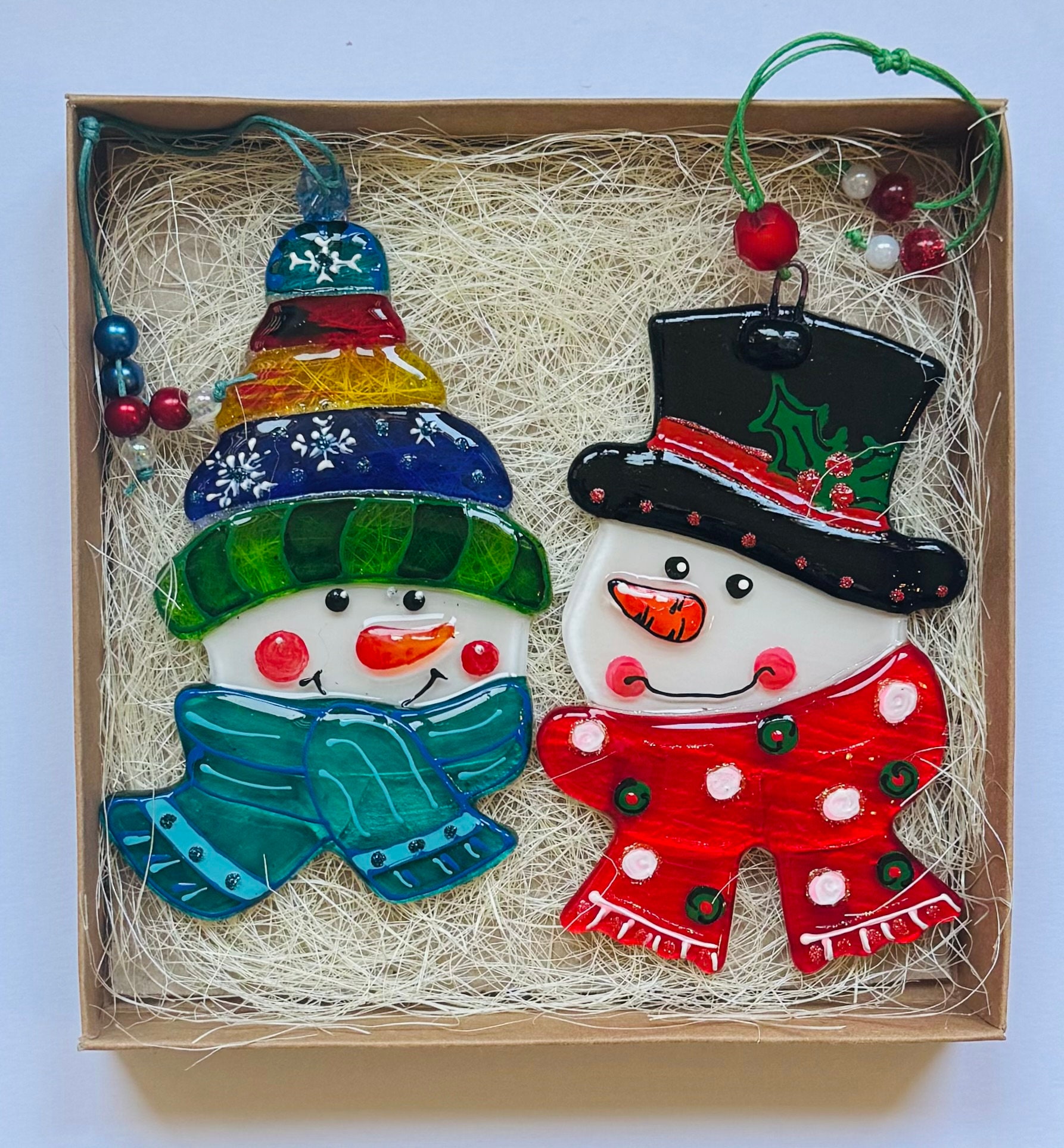 ✨Set of 2 Snowman Fused Glass Christmas Ornaments✨