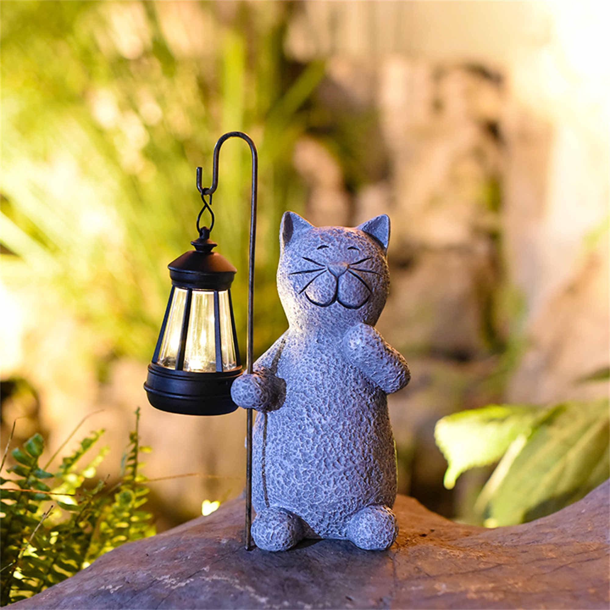 Cat Statue Garden Ornament with Solar Lantern