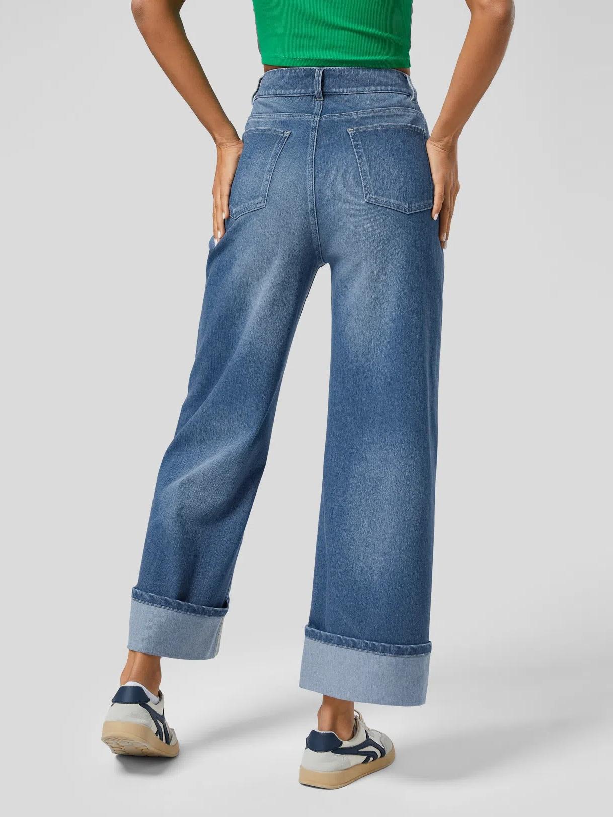 Women's High Waisted Multiple Pockets Rolled Hem Wide Leg Jeans