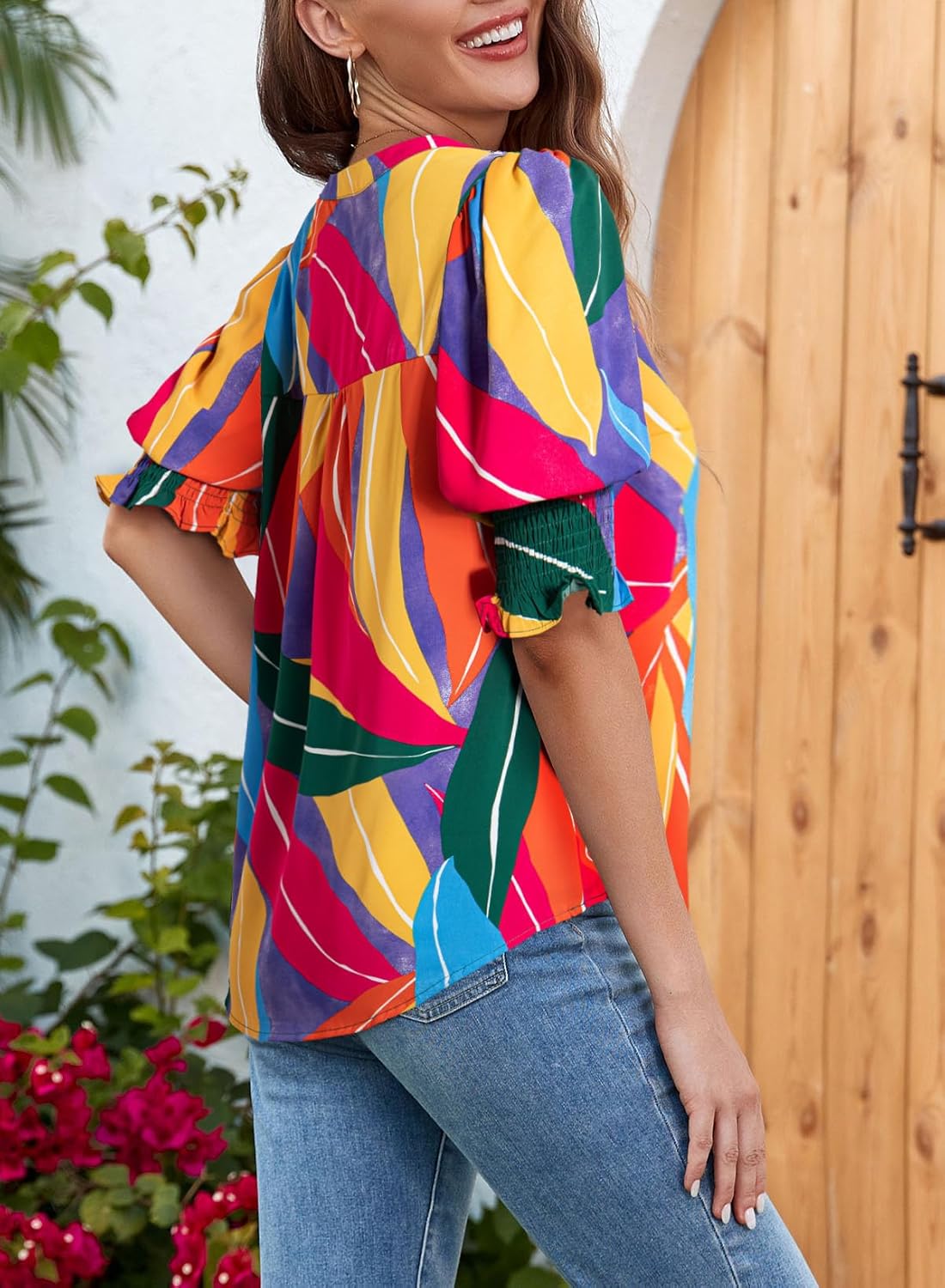 Floral V-Neck Puff Sleeve Blouse(buy 2 free shipping!!!)