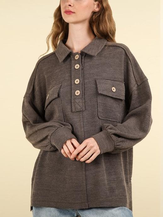 Collared Half Button Knit Top with Pockets
