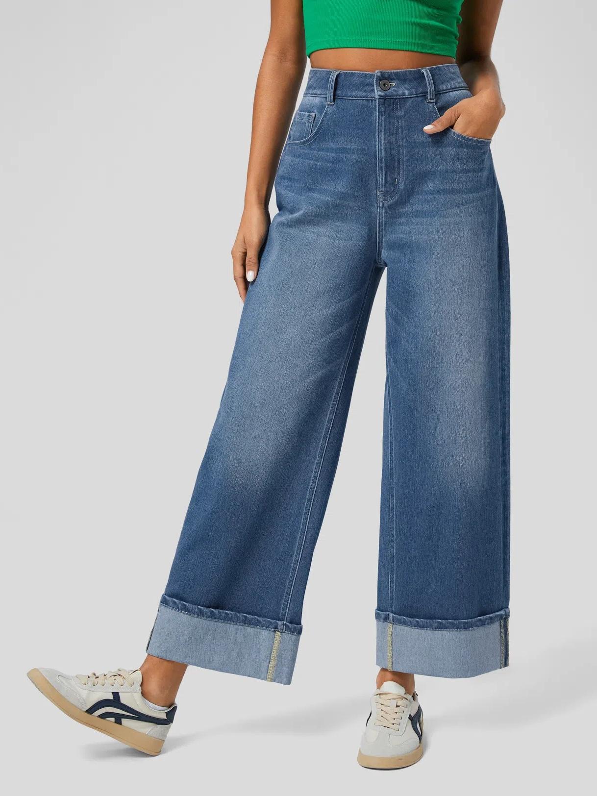 Women's High Waisted Multiple Pockets Rolled Hem Wide Leg Jeans