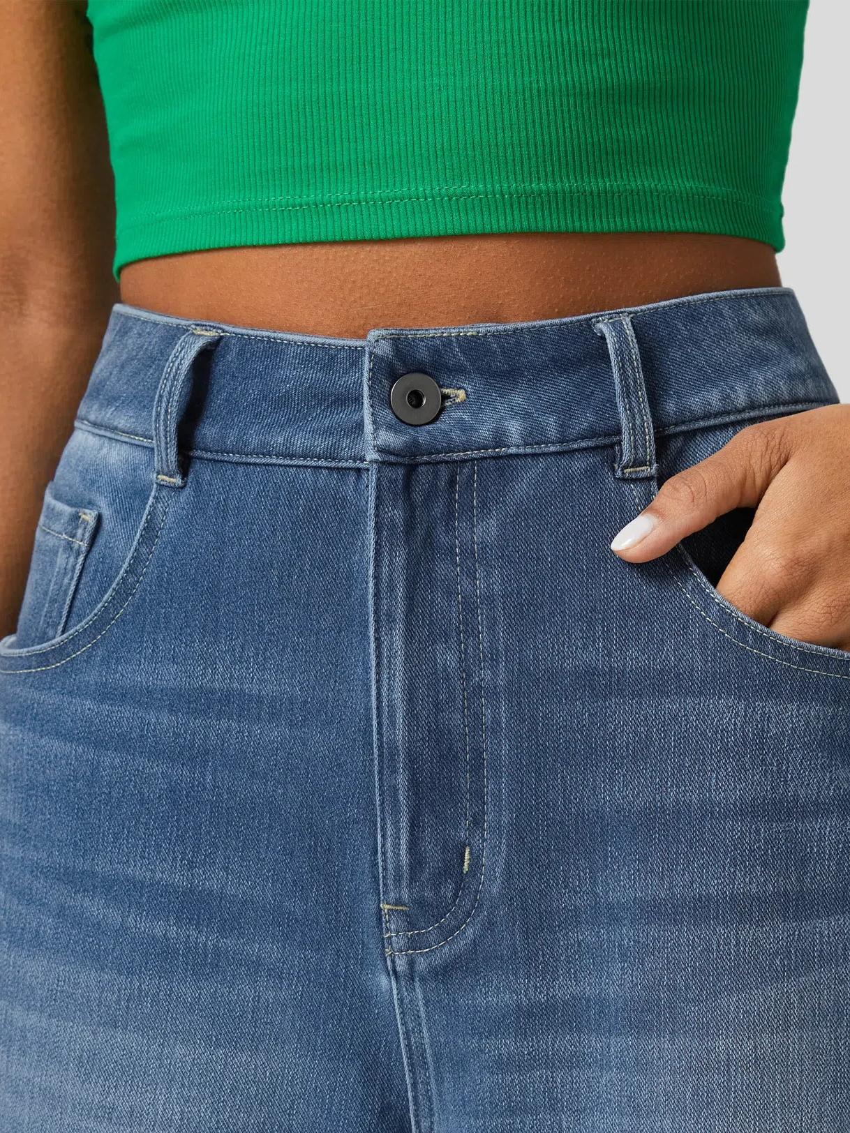 Women's High Waisted Multiple Pockets Rolled Hem Wide Leg Jeans