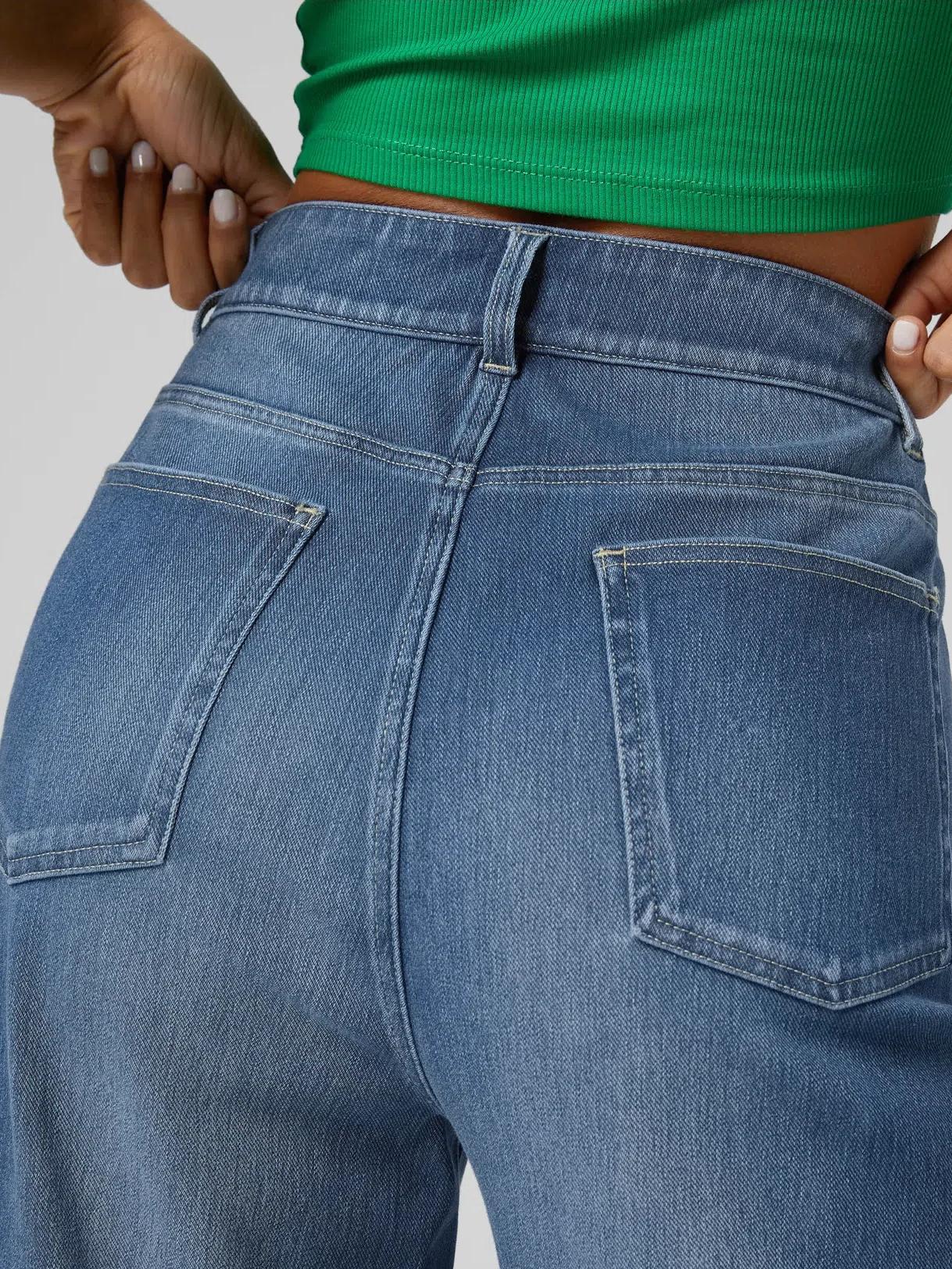 Women's High Waisted Multiple Pockets Rolled Hem Wide Leg Jeans