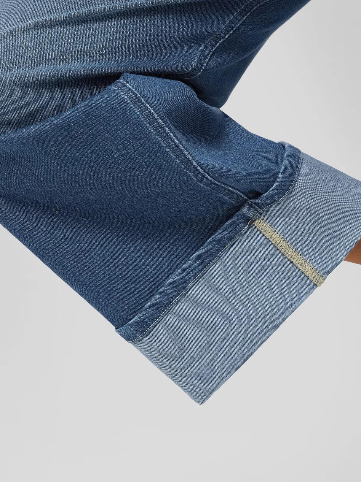 Women's High Waisted Multiple Pockets Rolled Hem Wide Leg Jeans