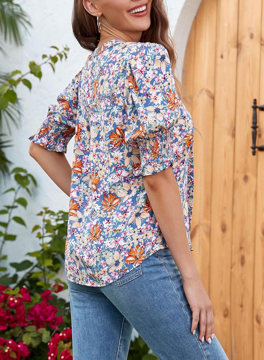 Floral V-Neck Puff Sleeve Blouse(buy 2 free shipping!!!)