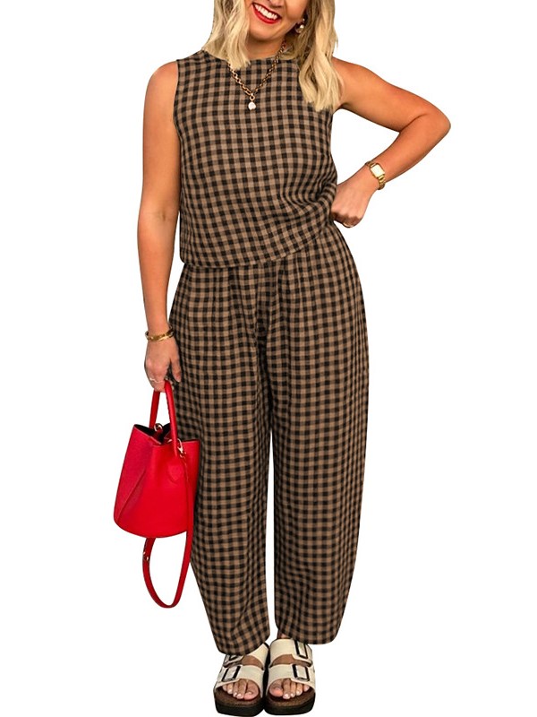 Women's Gingham Sleeveless Tank Top & Barrel Pants Set