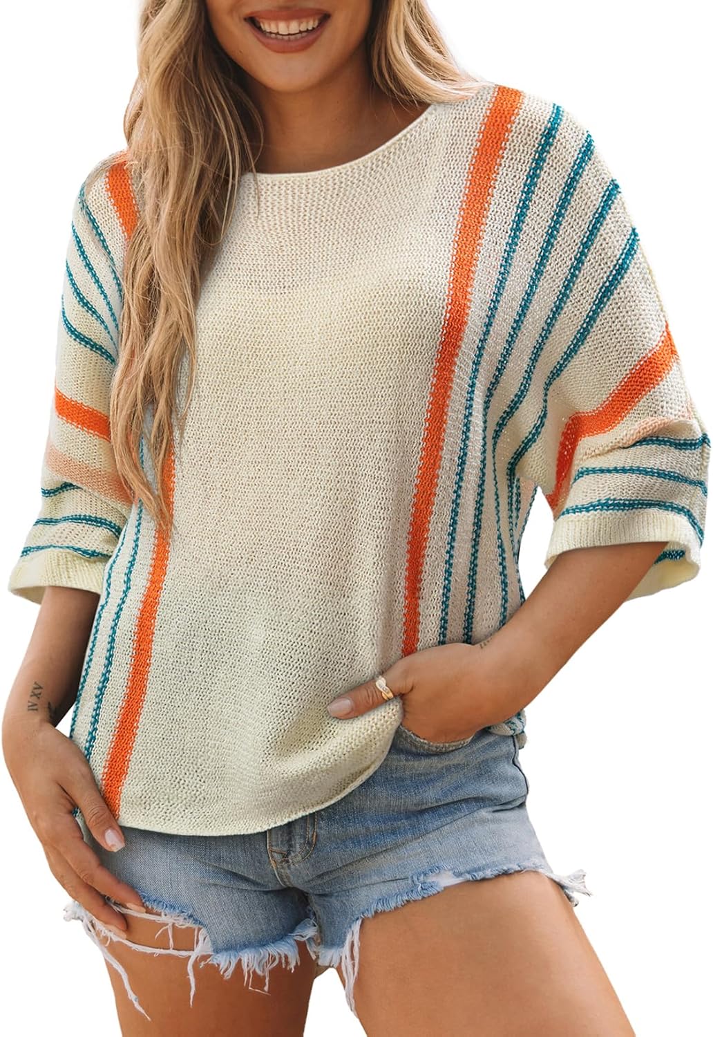 Women's Casual Color Block Striped Cable Knit Boho Sweater