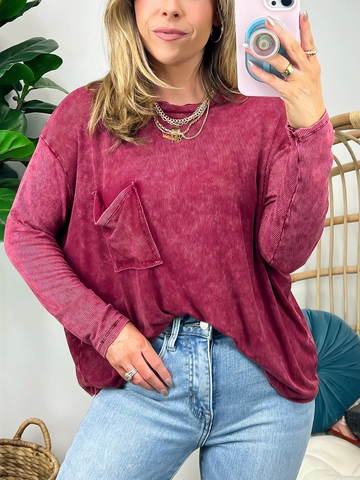 Washed Dolman Sleeve Pocket Top 