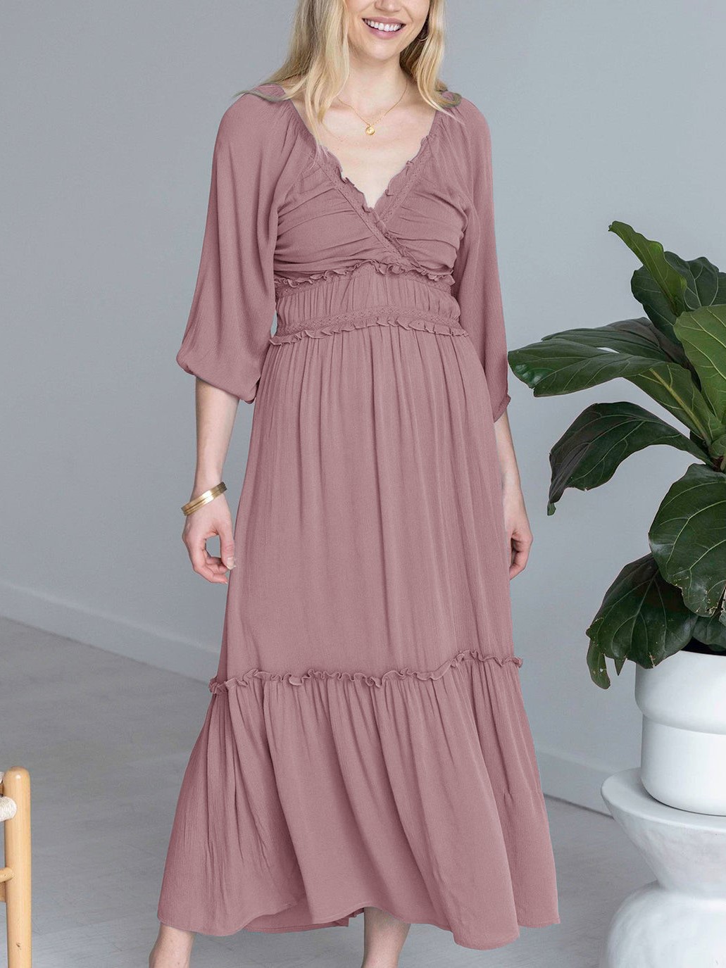 V-neck Smocked Ruffled Tiered Dress