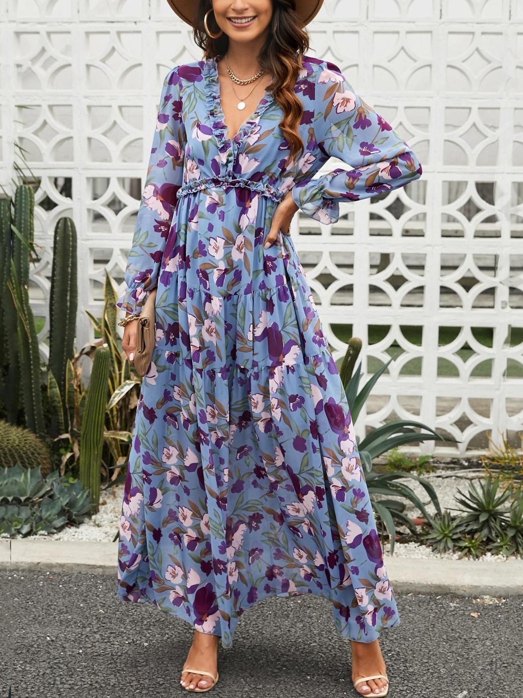 Women's Casual Boho Floral Printed V Neck Long Sleeve Dress