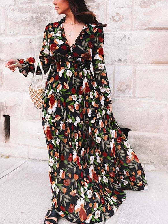 Women's Casual Boho Floral Printed V Neck Long Sleeve Dress