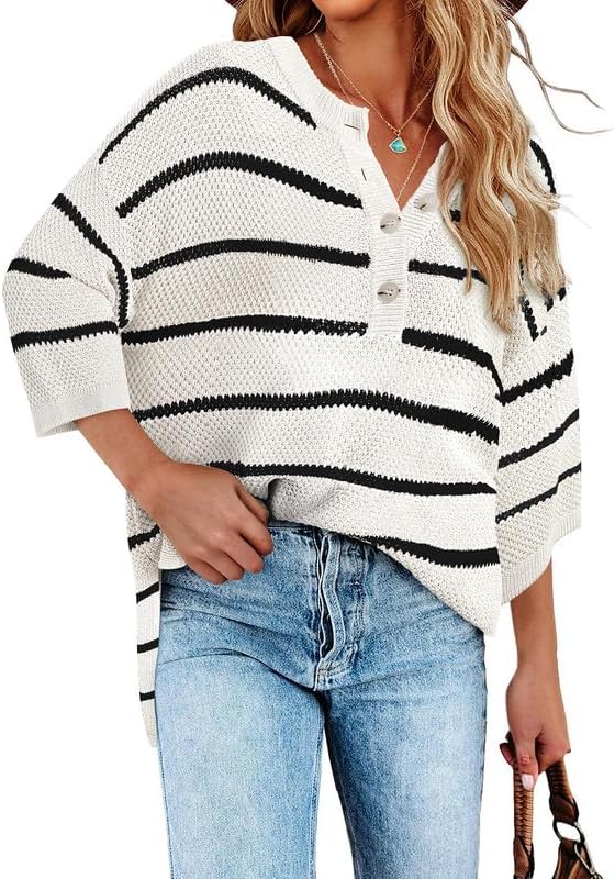 Women's Striped Button Down V Neck 3/4 Sleeve Lightweight Knit Pullover