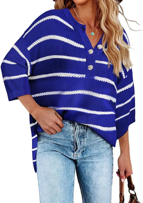 Women's Striped Button Down V Neck 3/4 Sleeve Lightweight Knit Pullover