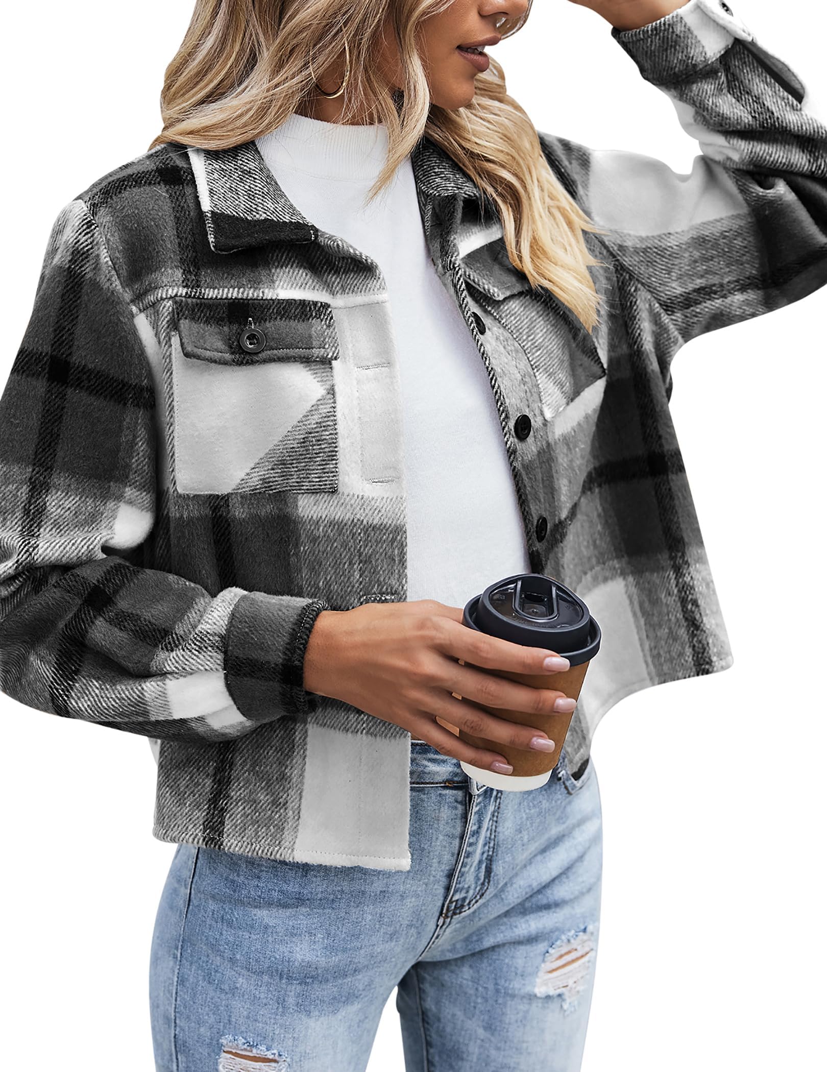 Women Flannel Plaid Button Down Cropped Jacket