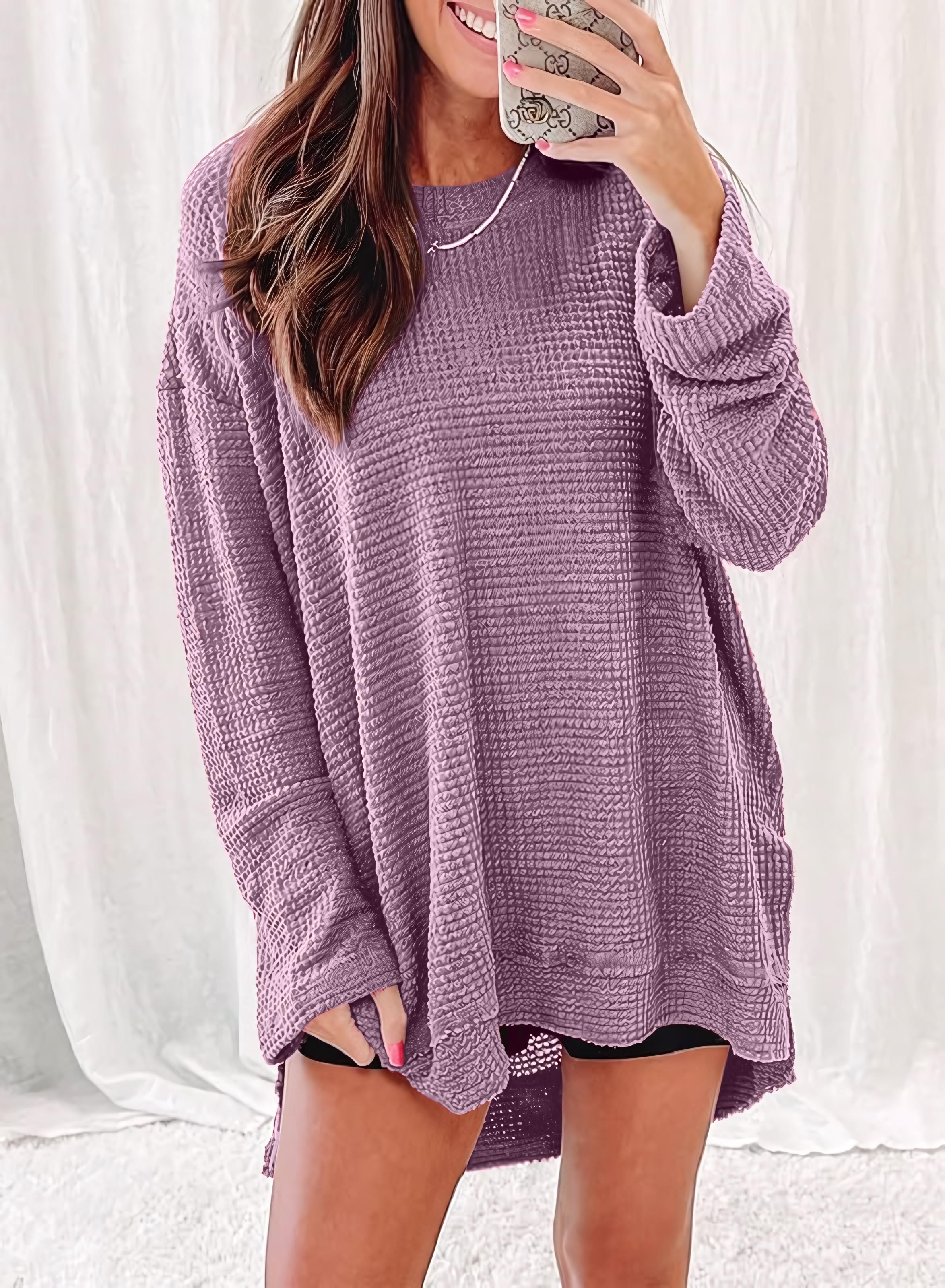 HOT SALE Women's Fall Long Sleeve Waffle Knit Hi-low Hem Tops