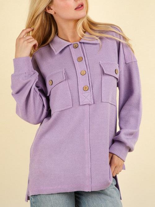 Collared Half Button Knit Top with Pockets