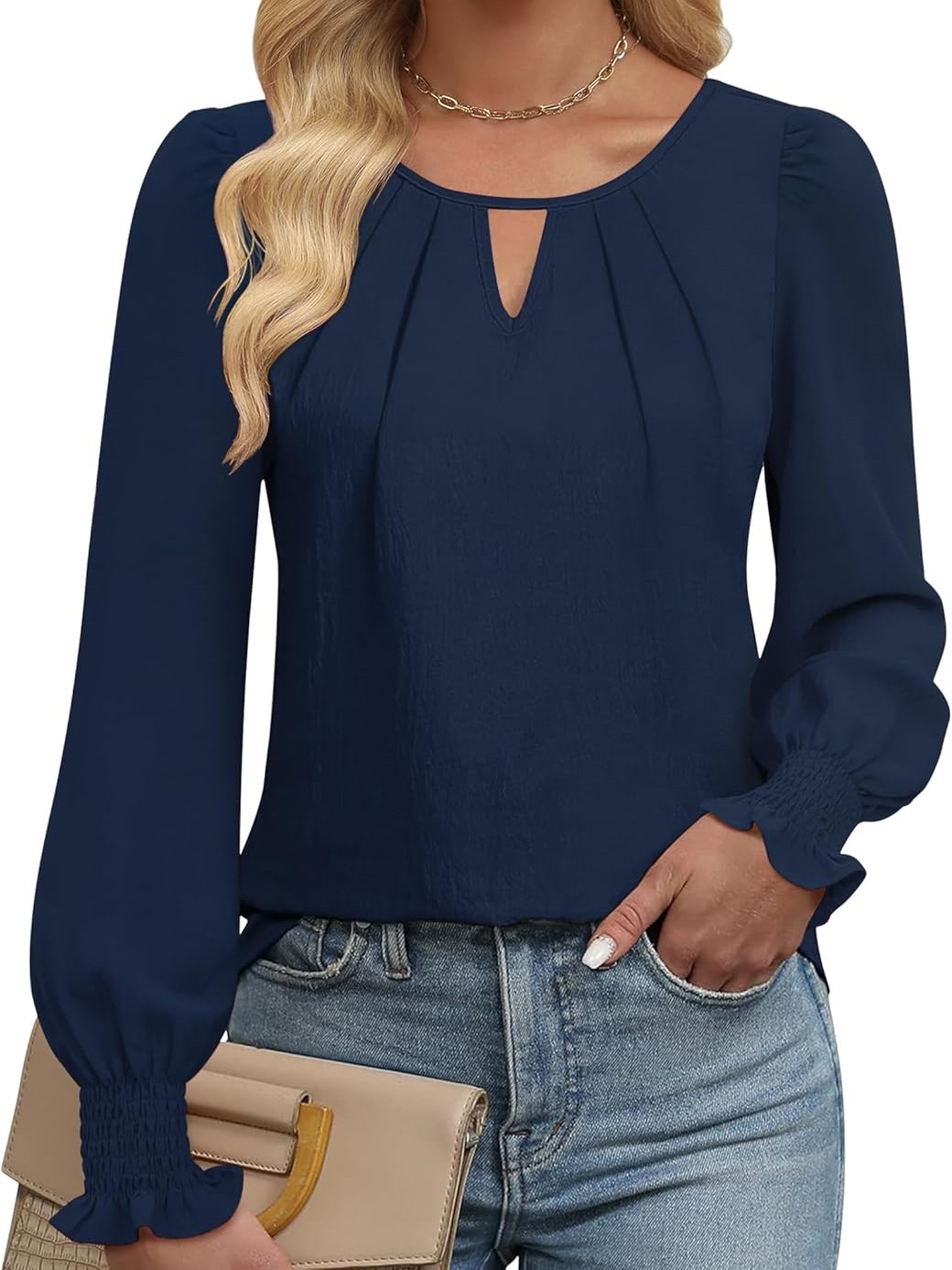 Women's Long Sleeve Dressy Casual Keyhole Hollow Pleated Shirt Tops