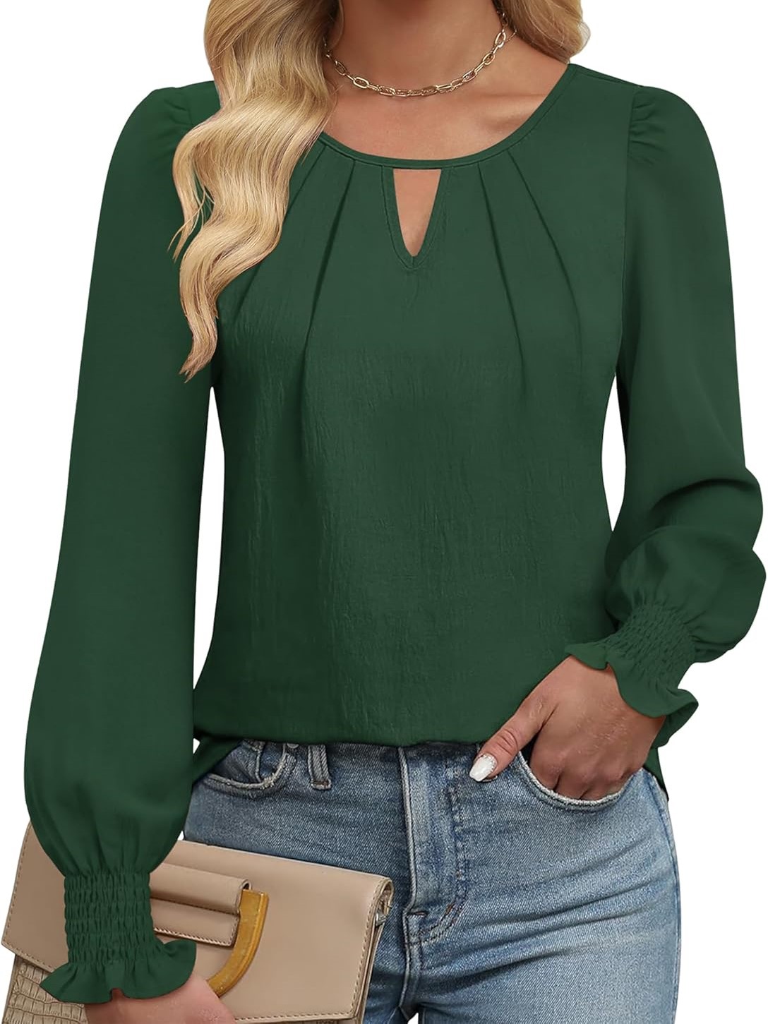 Women's Long Sleeve Dressy Casual Keyhole Hollow Pleated Shirt Tops
