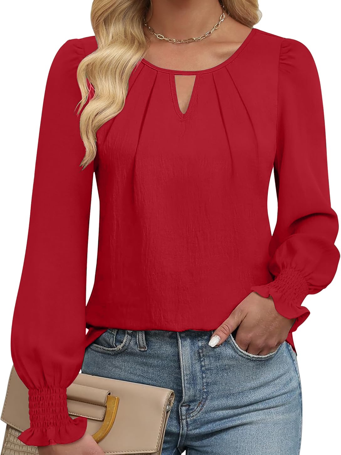 Women's Long Sleeve Dressy Casual Keyhole Hollow Pleated Shirt Tops