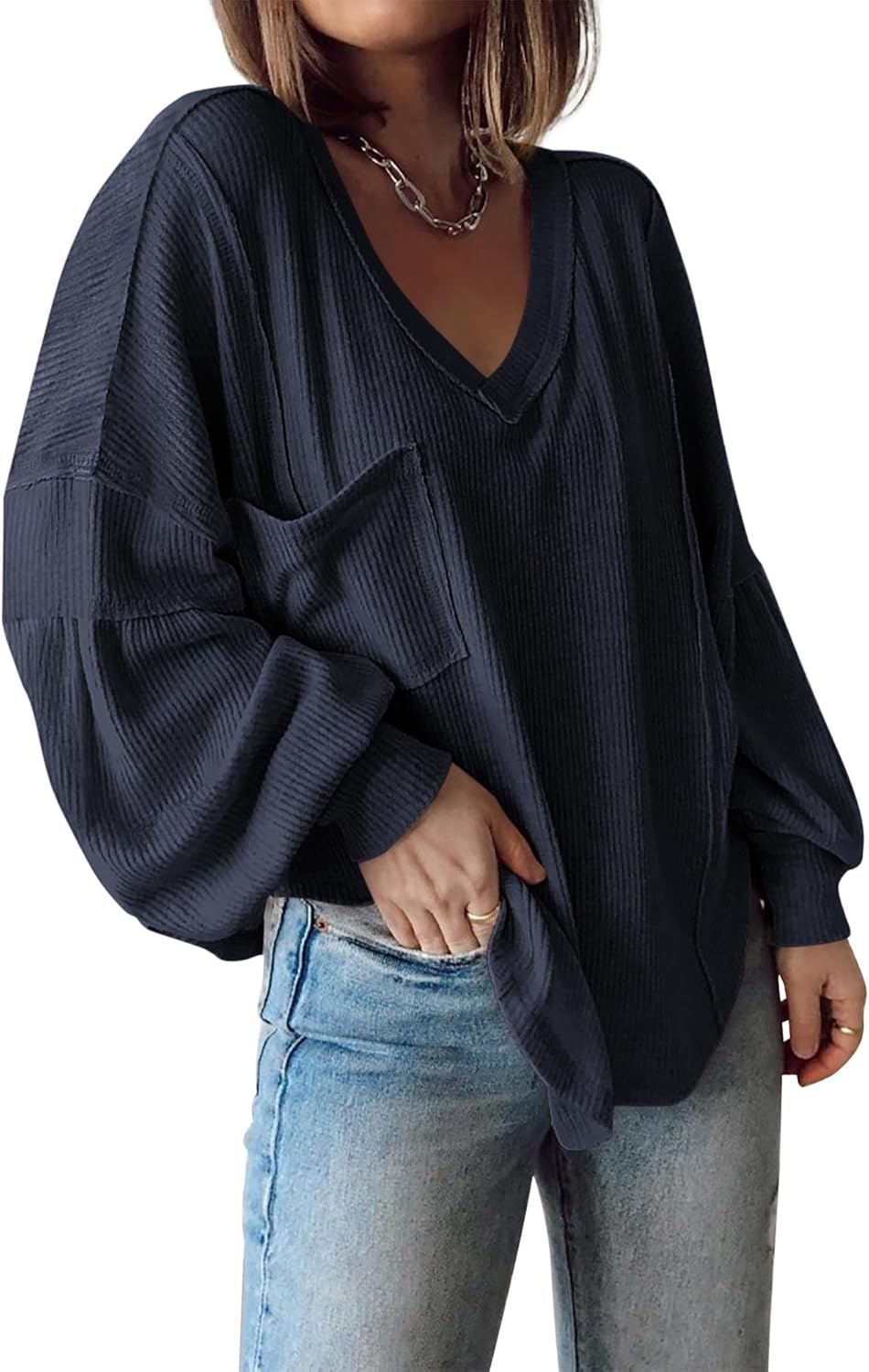 Women's Casual V Neck Loose Lantern Long Sleeve Pullover Tops 