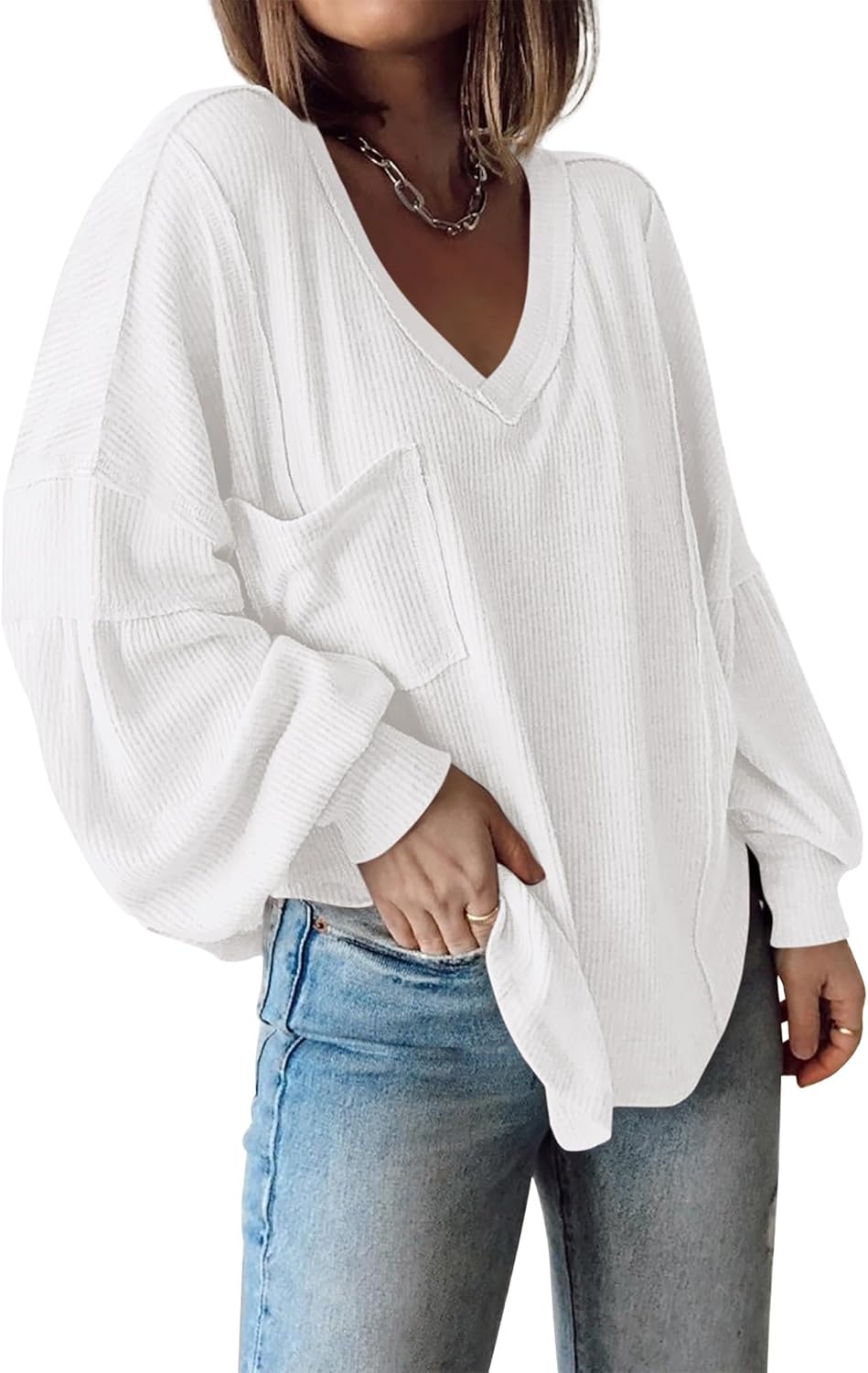 Women's Casual V Neck Loose Lantern Long Sleeve Pullover Tops 