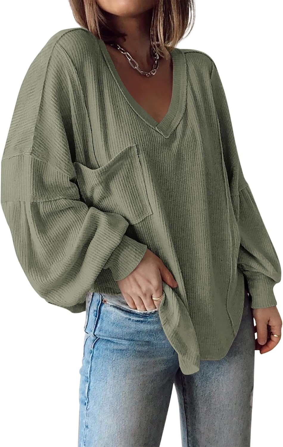 Women's Casual V Neck Loose Lantern Long Sleeve Pullover Tops 