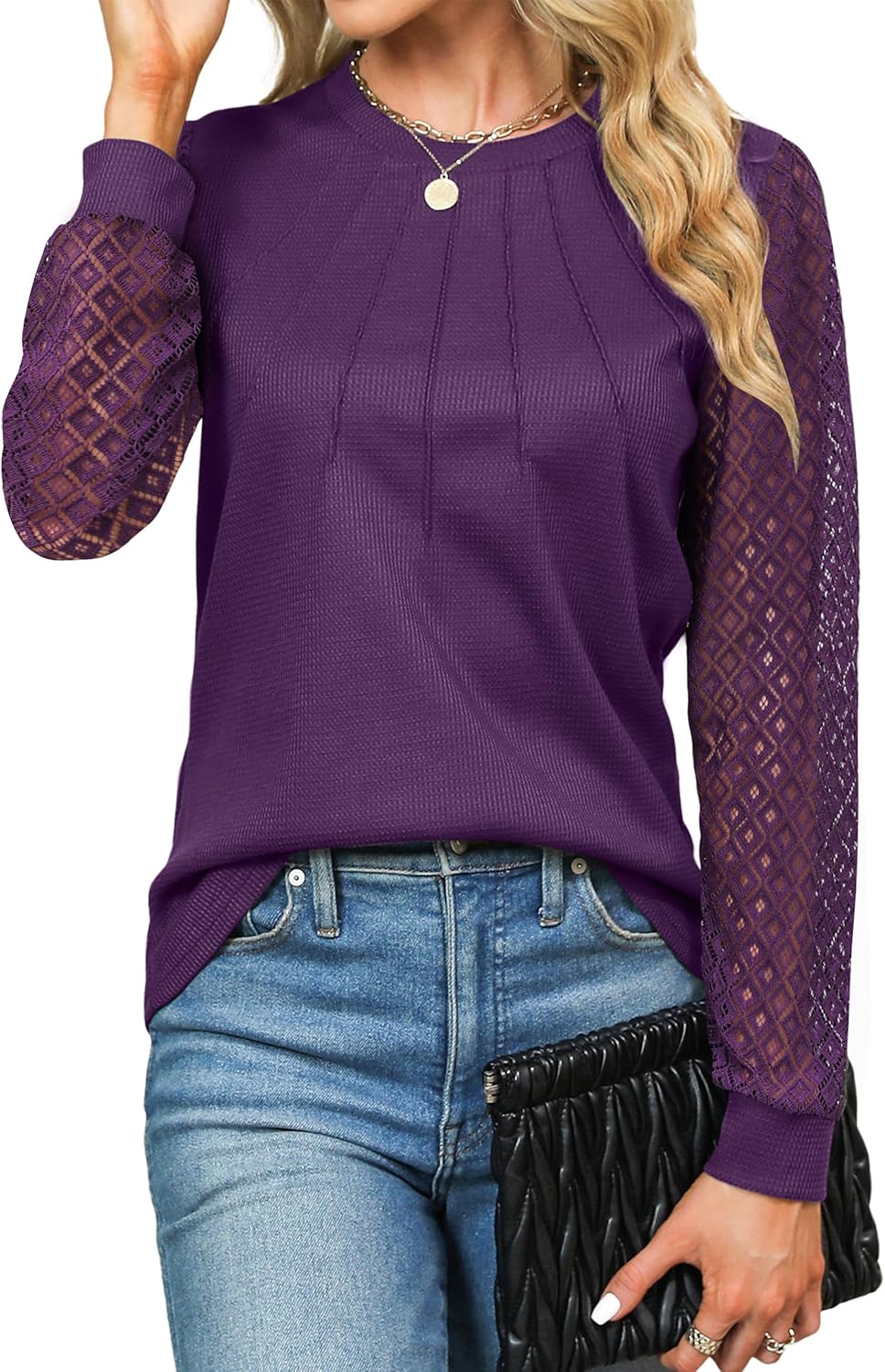 Women's Dressy Casual Lace Long Sleeve Knit Tops Shirts