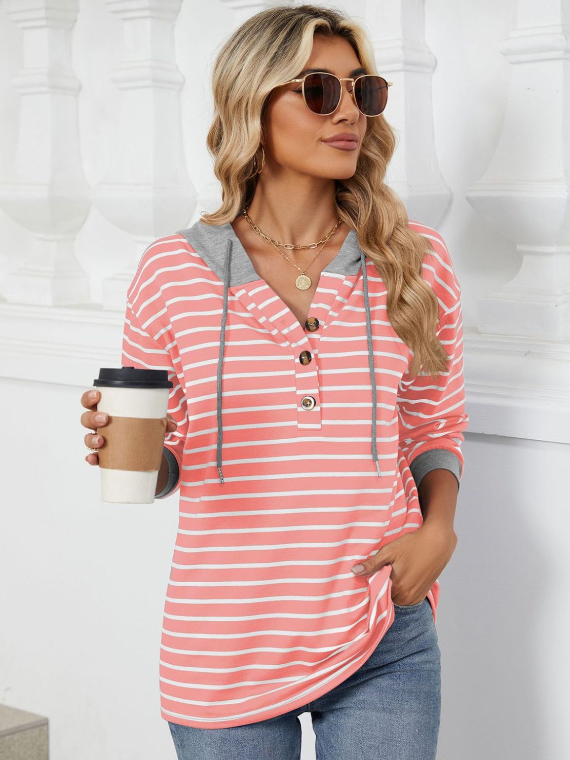 Womens Striped Hoodies Jumper Drawstring Tops