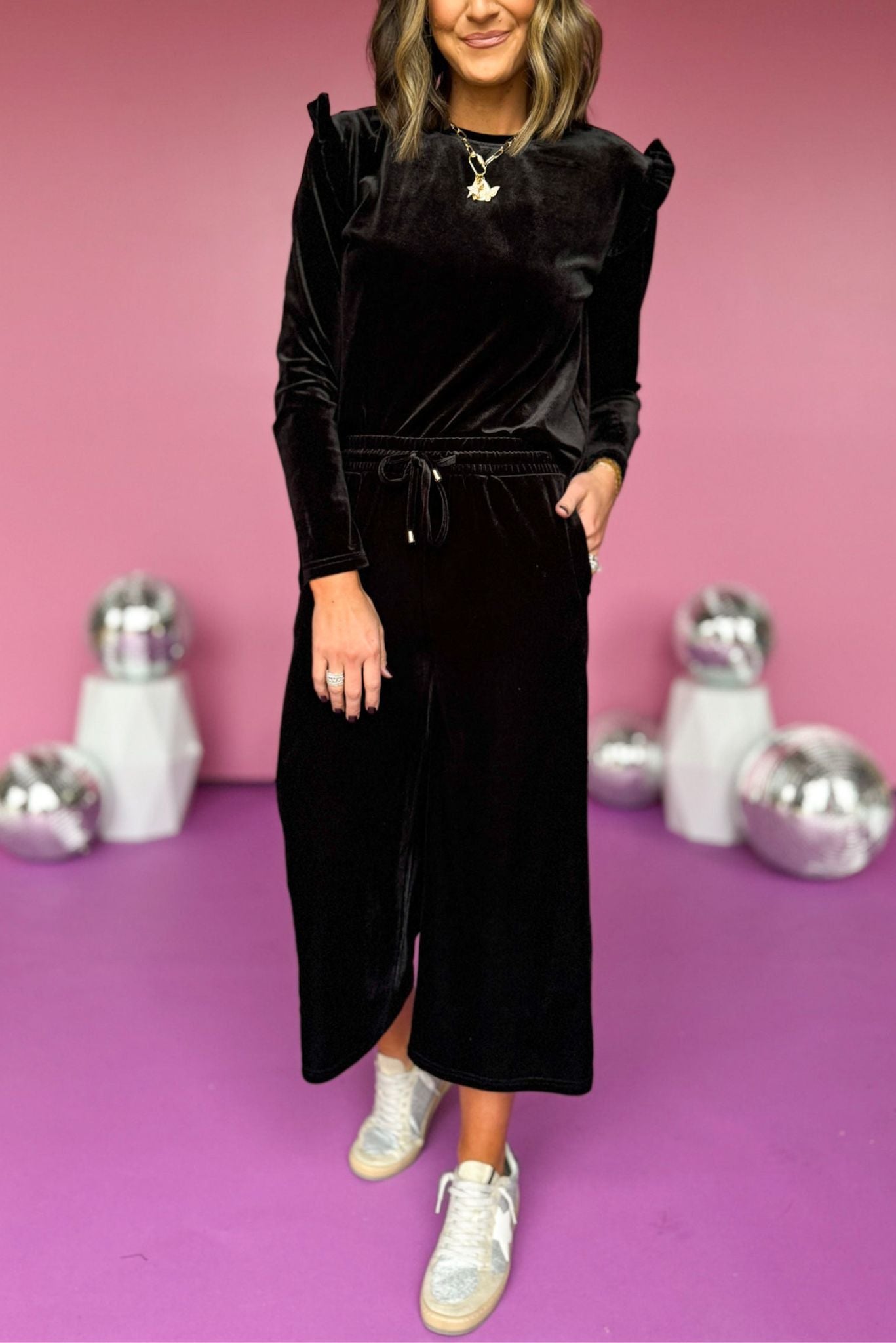  Velvet Ruffle Long Sleeve and Wide Leg Pants Set