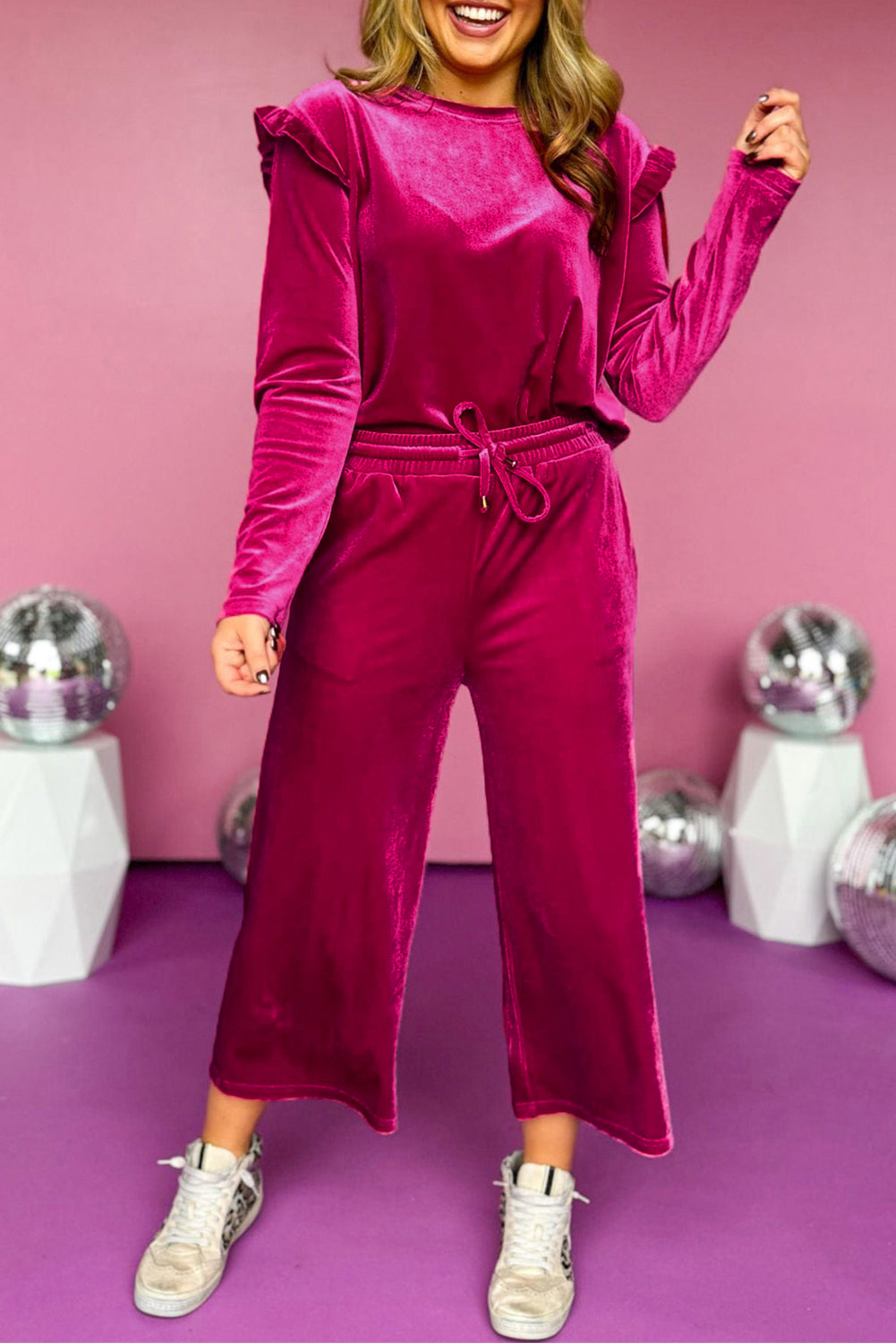 Velvet Ruffle Long Sleeve and Wide Leg Pants Set