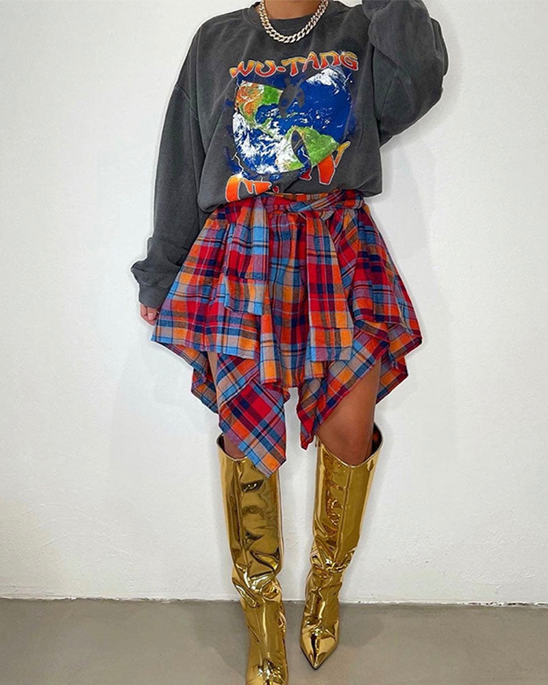 Women's Fashion Multicolor Plaid Print Asymmetrical Hem High Waist Skirt