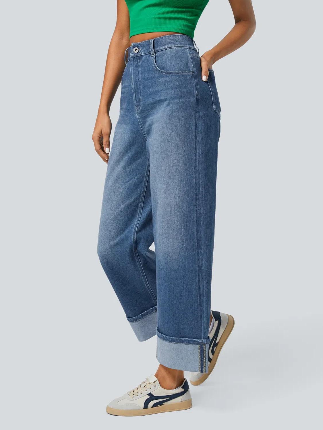 Women's High Waisted Multiple Pockets Rolled Hem Wide Leg Jeans