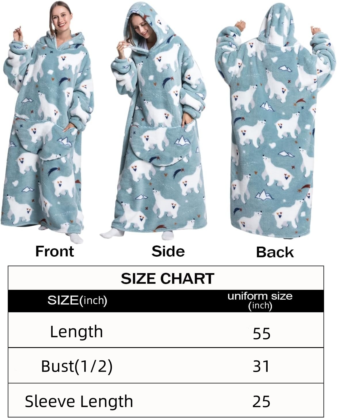 Womens Oversized Cartoon Fleece Hoodie Blanket With Front Pocket