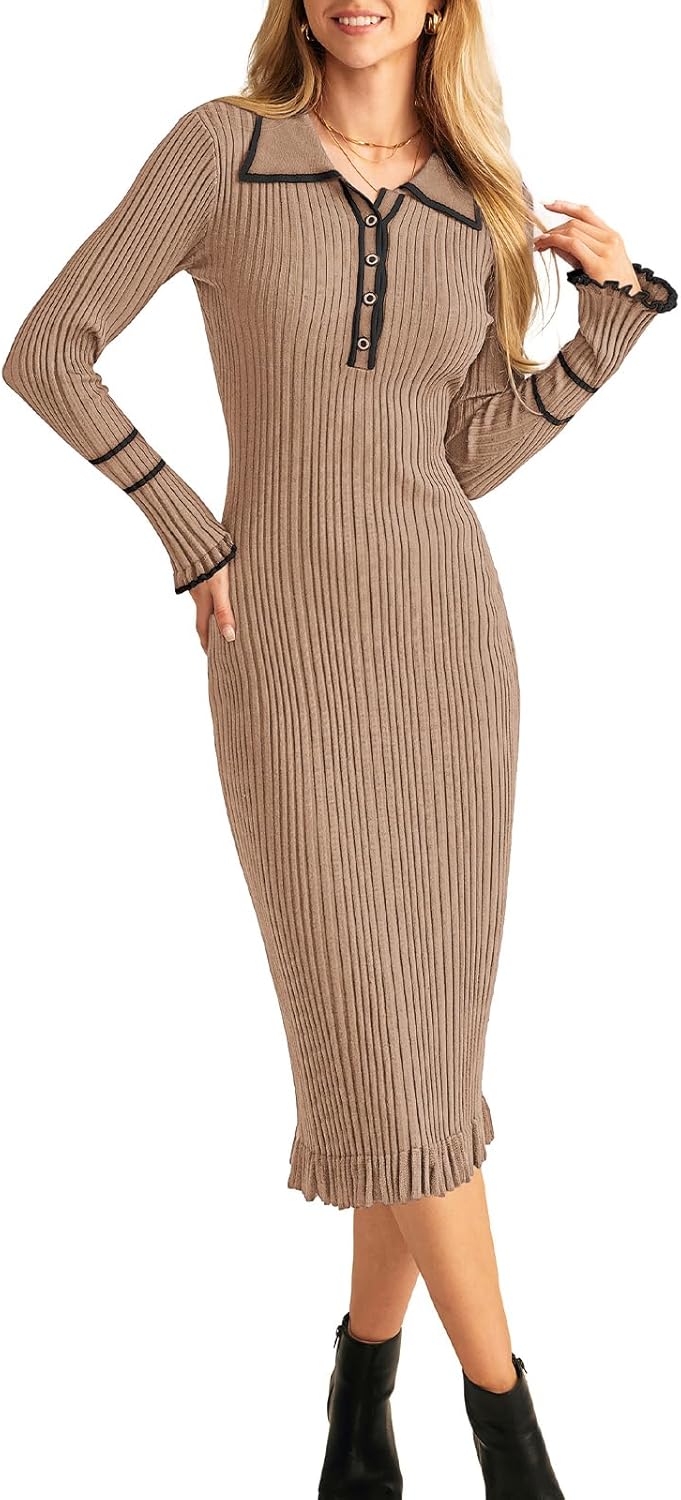 Women's Contrast Color Button Knit Fitted Long Sleeve Sweater Dress