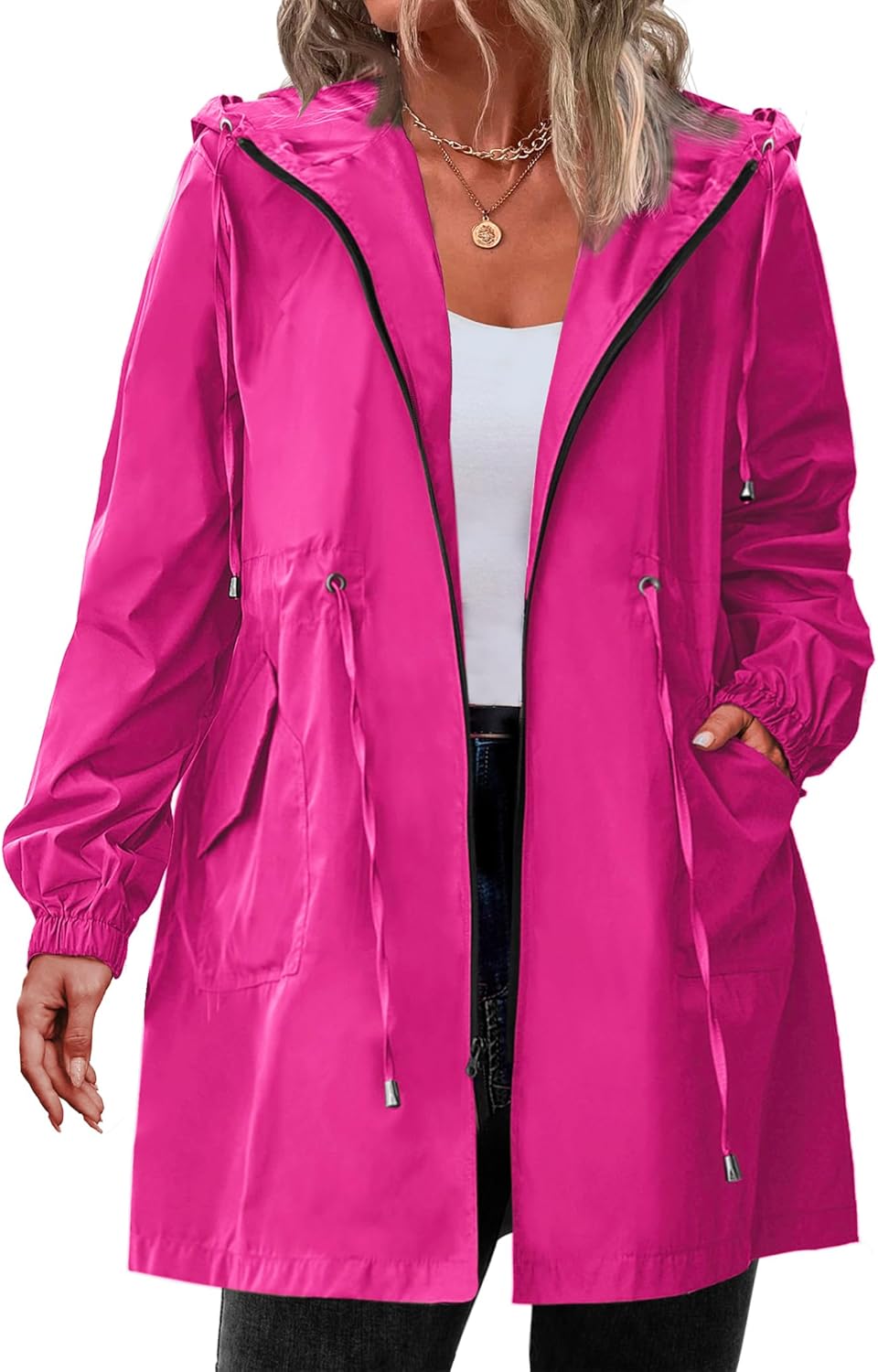 Women's Plus Size Lightweight Hooded Waterproof Jackets with Pockets