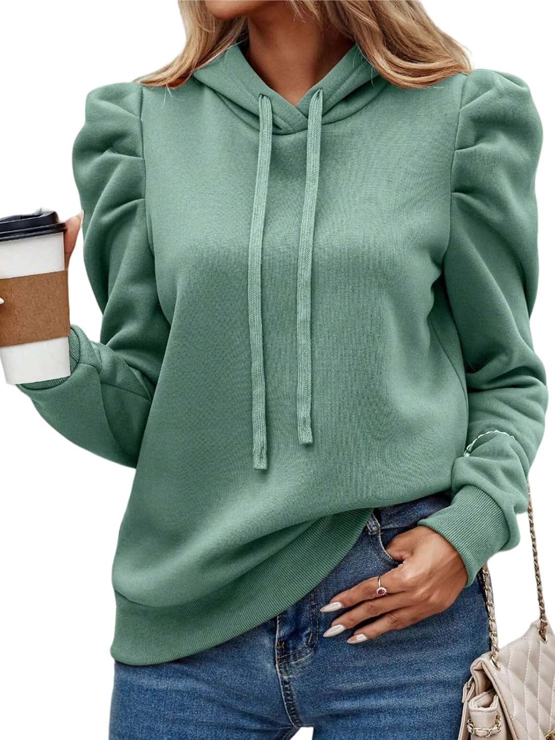 Women's Puff Sleeve Drawstring Casual Hoodie