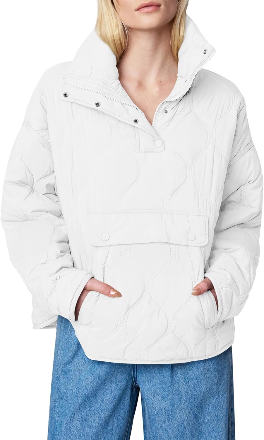 Women's Quilted Lightweight Puffer Jacket Long Sleeve Half Zip Up Coat with Pocket