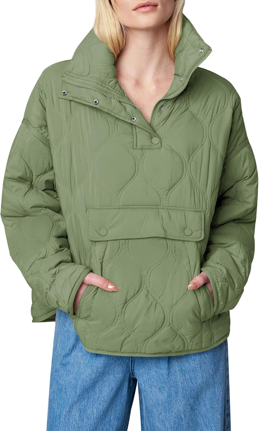 Women's Quilted Lightweight Puffer Jacket Long Sleeve Half Zip Up Coat with Pocket