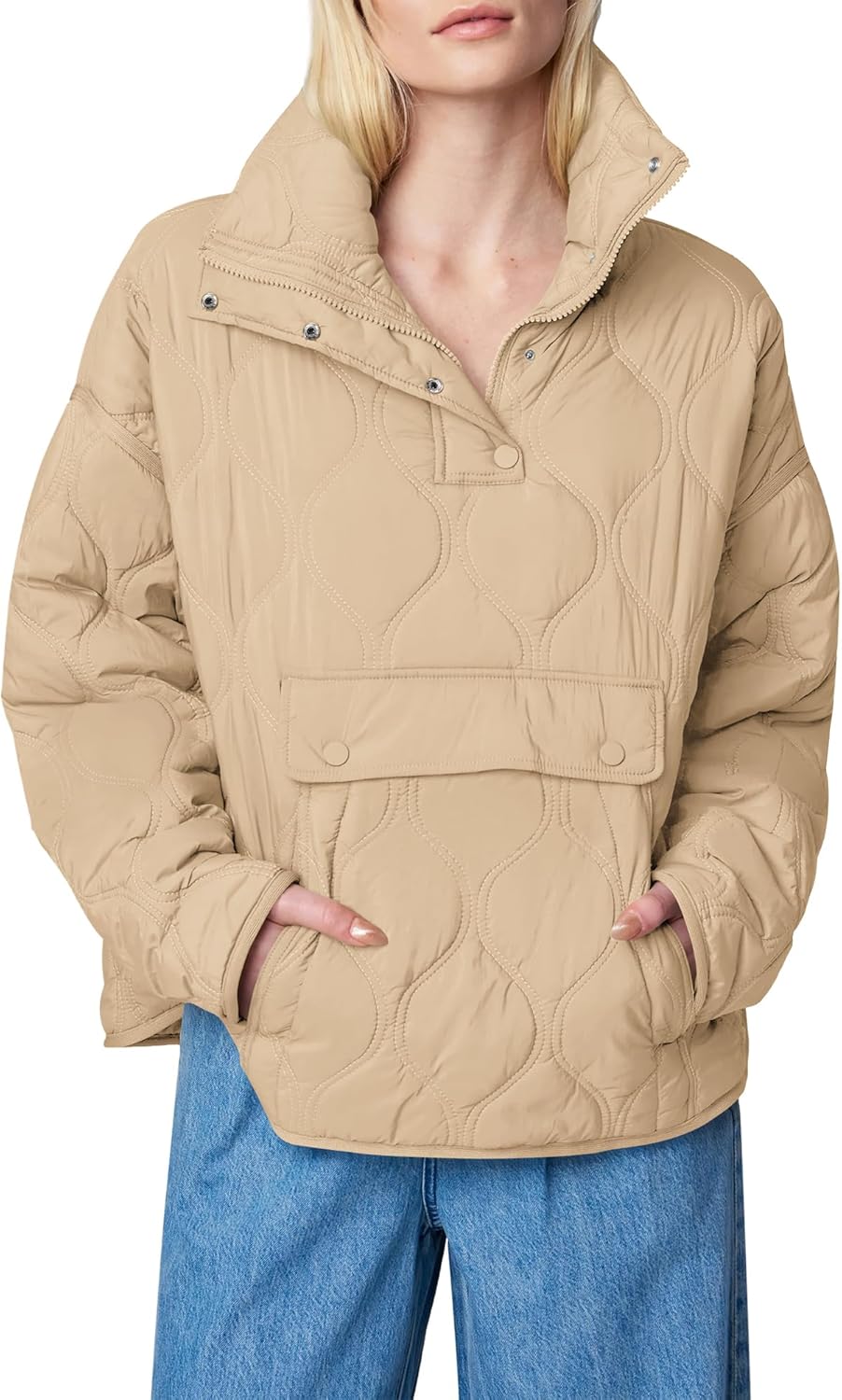 Women's Quilted Lightweight Puffer Jacket Long Sleeve Half Zip Up Coat with Pocket