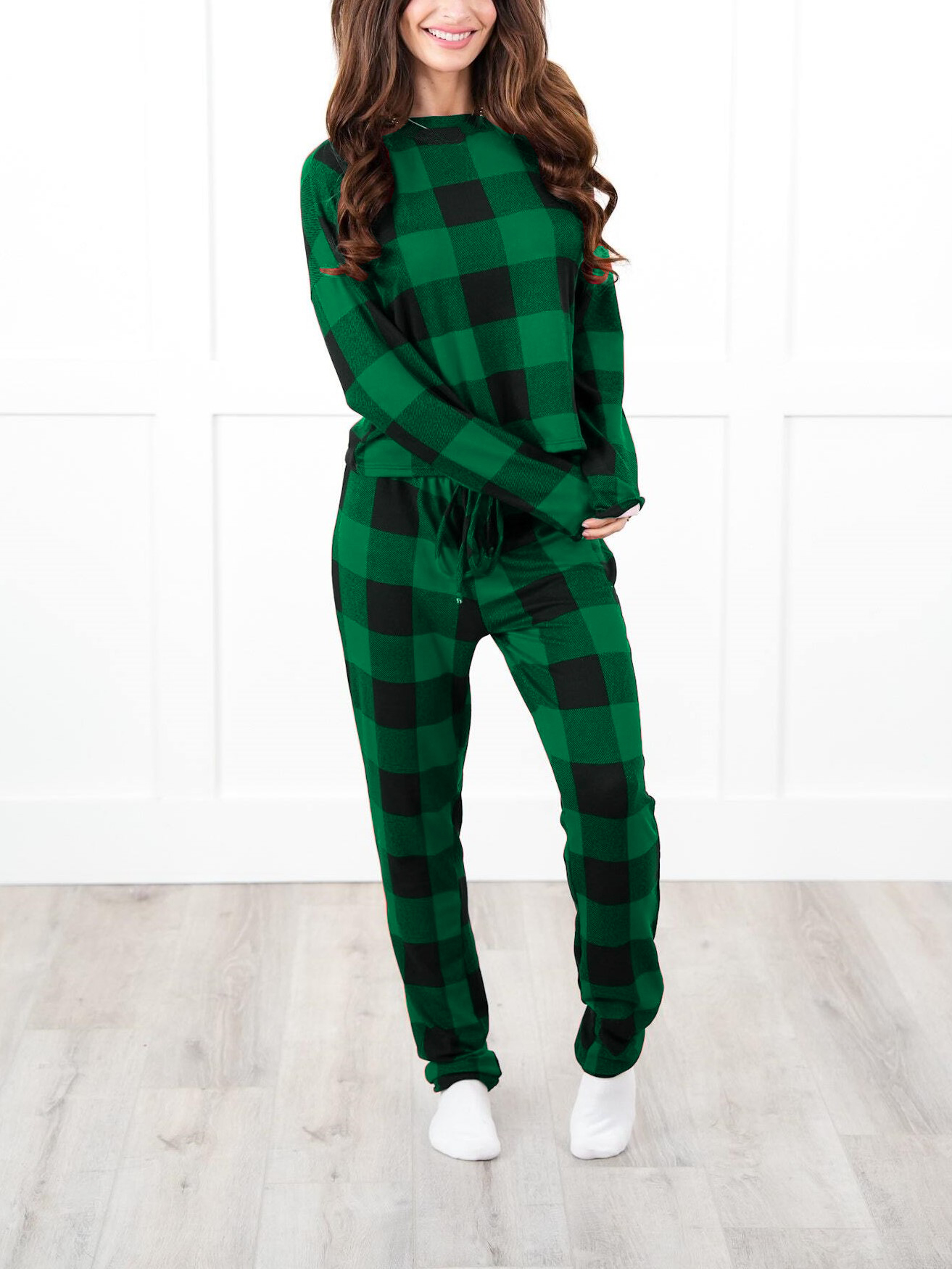 Christmas Plaid Long Sleeve Round Neck Elasic Pants Casual Pajama Set