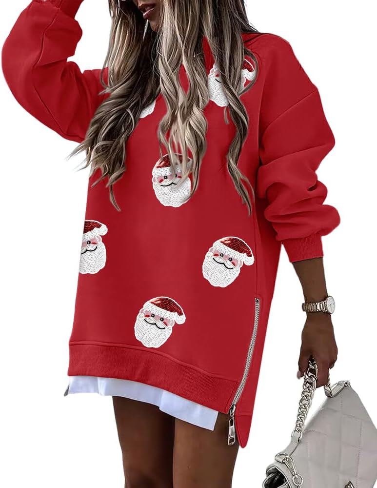 Christmas Sequin Pattern Zipper Slit Holiday Sweatshirt