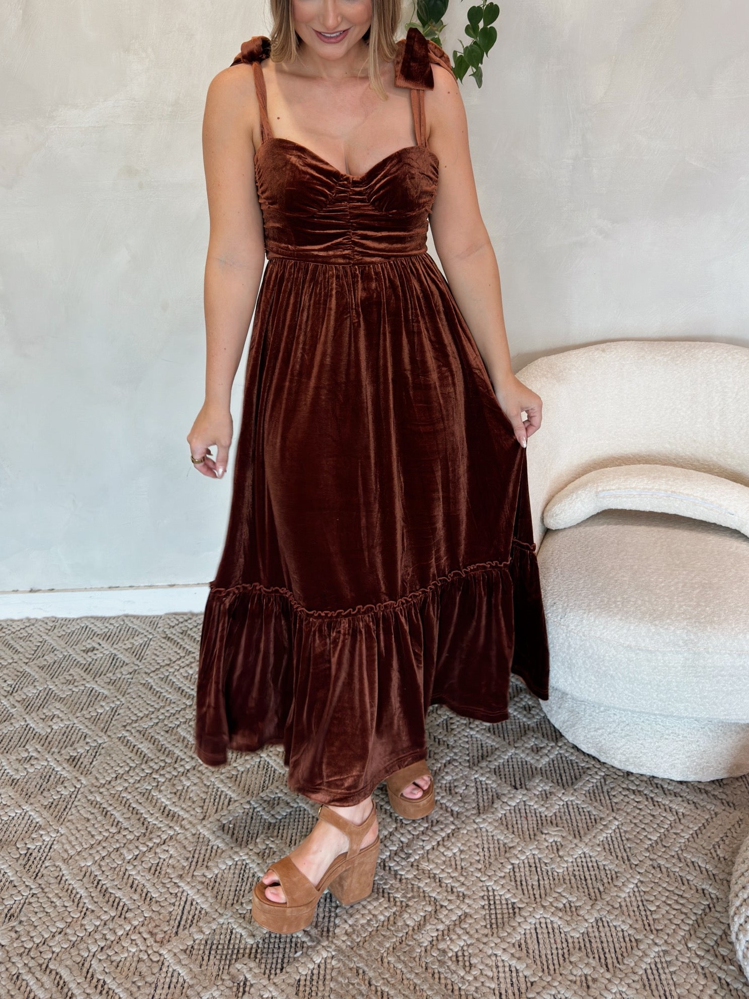 Velvet Strap Suspenders Pleated Layered Midi Dress
