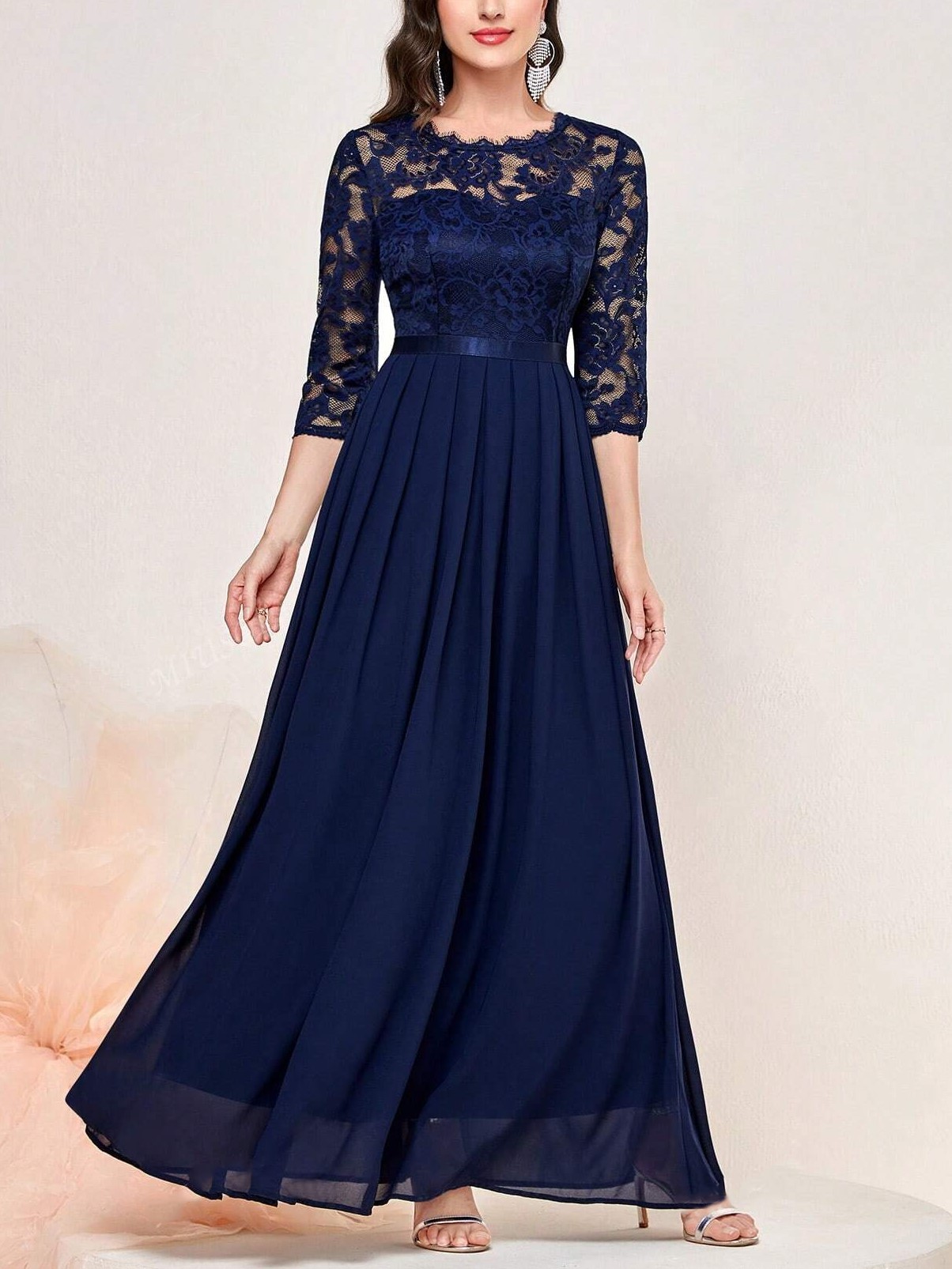 Floral Lace 3/4 Sleeve Bodice Ribbon Pleated Party Maxi Dress