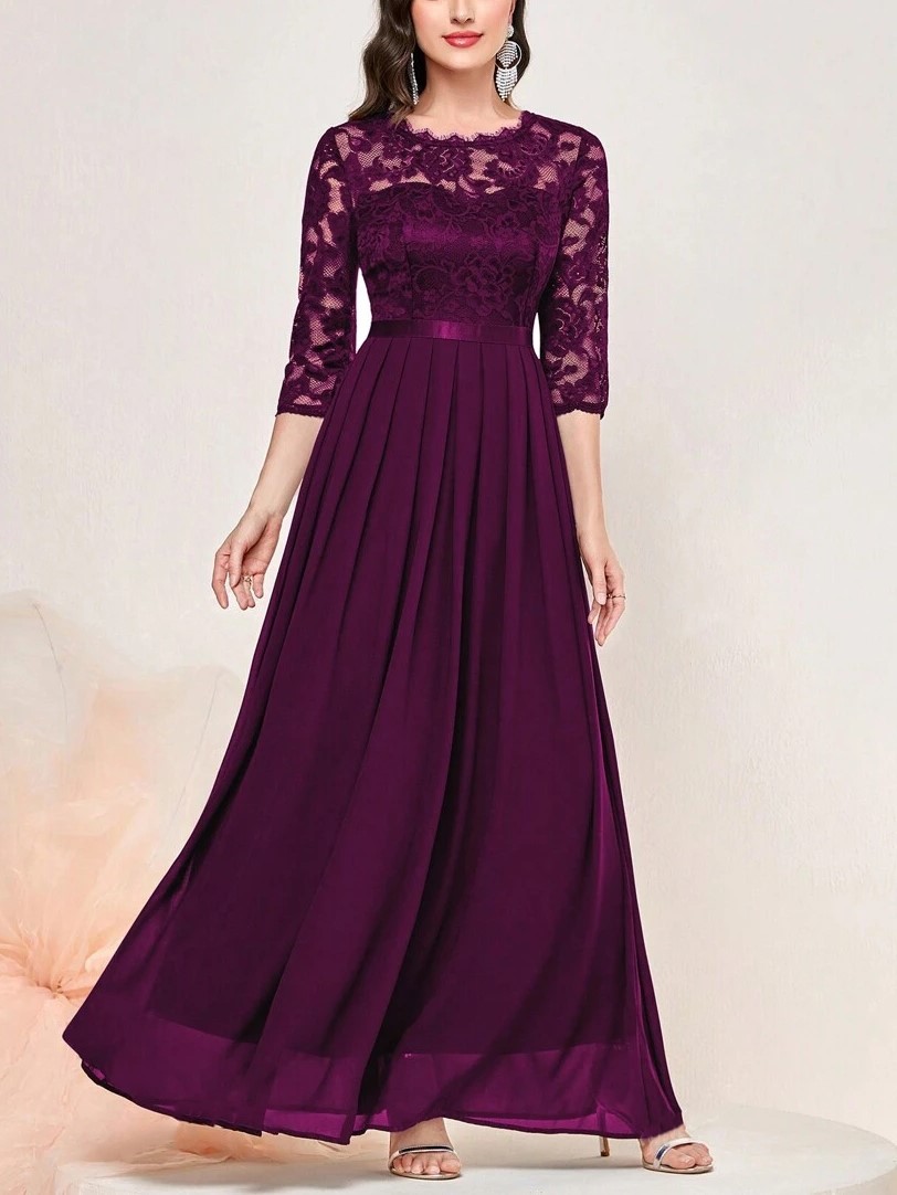 Floral Lace 3/4 Sleeve Bodice Ribbon Pleated Party Maxi Dress