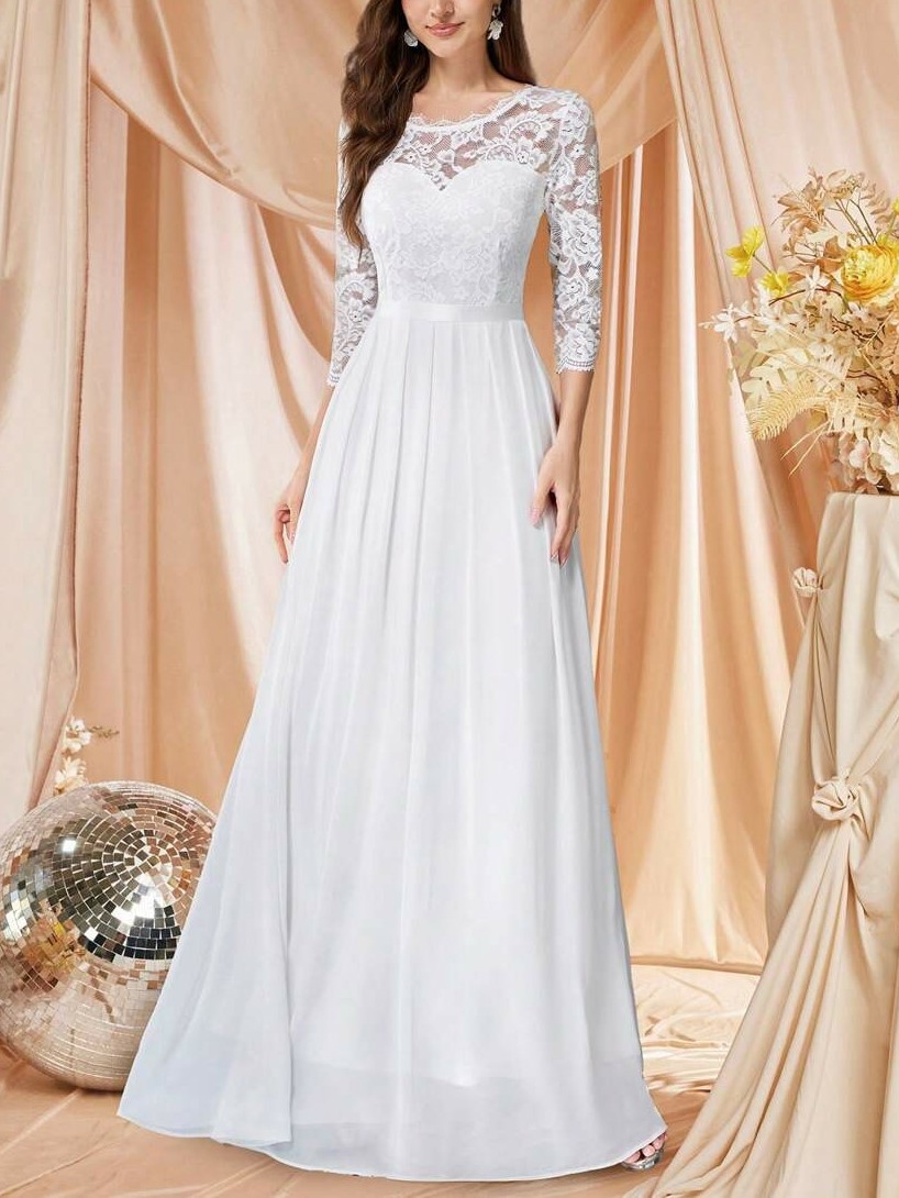 Floral Lace 3/4 Sleeve Bodice Ribbon Pleated Party Maxi Dress
