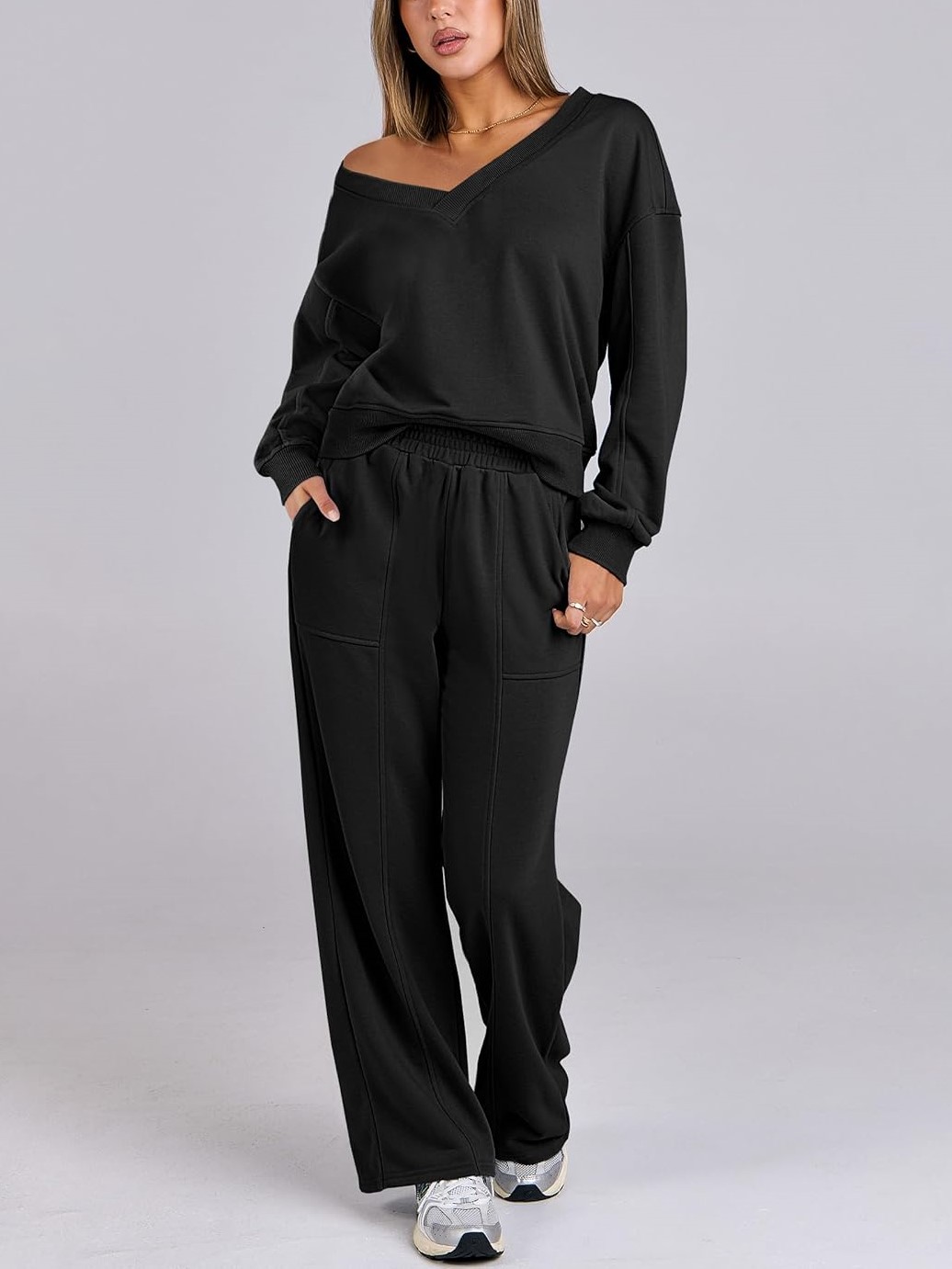 Women's V Neck Sweatshirts Wide Leg Jogger Sweatpants Lounge Sets